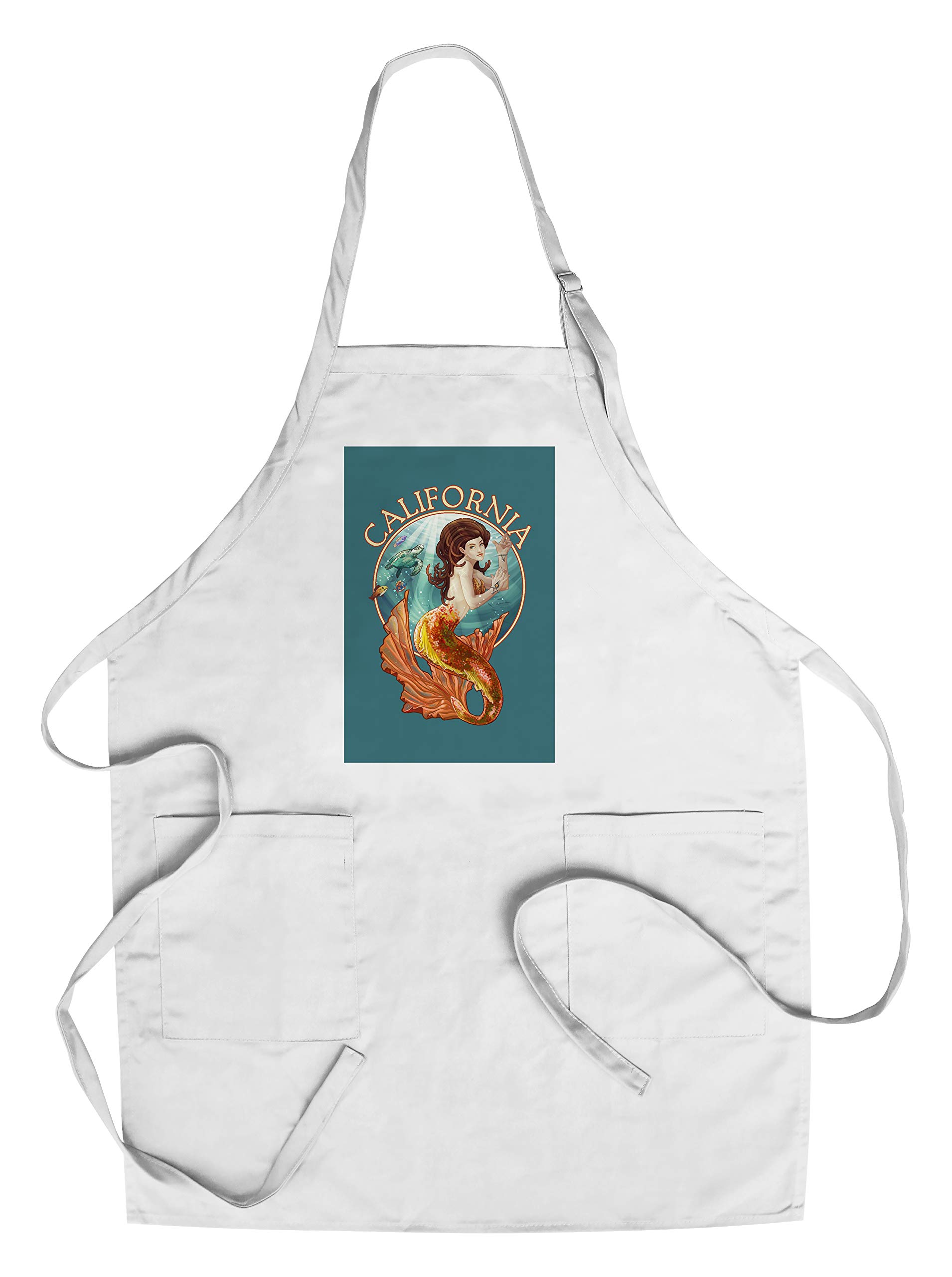 California Mermaid Print Cotton Canvas Apron - Unisex Kitchen Cooking Baking Grilling Apron with Pockets - Perfect for Home Chefs, BBQ Parties & Art Workshops