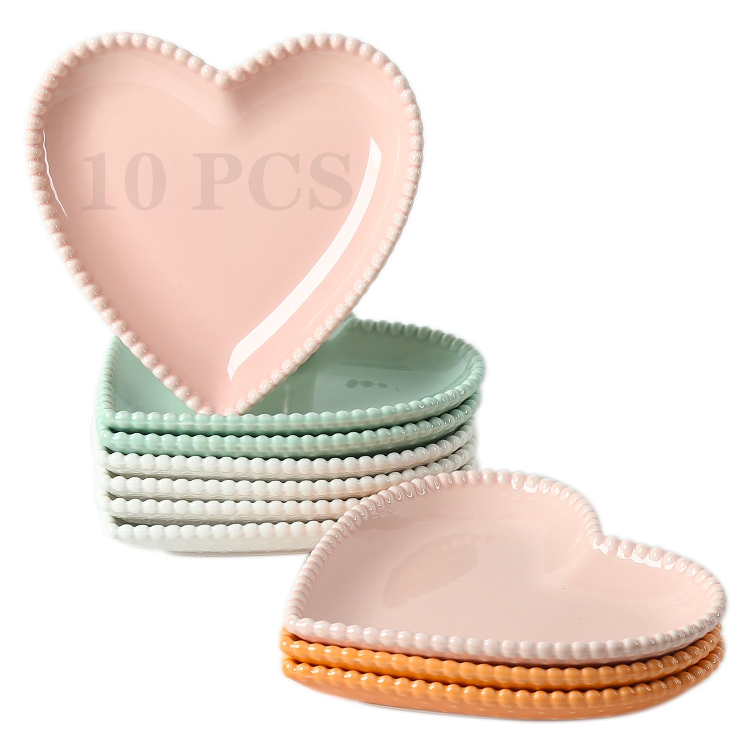 6.3 Inch Heart-Shaped Porcelain Appetizer Plates Set of 10 - Small Dinner Plates & Dessert Plates for Cake, Salad, Snack, Ice Cream, Waffles - Microwave, Oven & Dishwasher Safe - Multicolor - Perfect for Valentine's Day, Bridal Showers, Tea Parties & Romantic Dinners