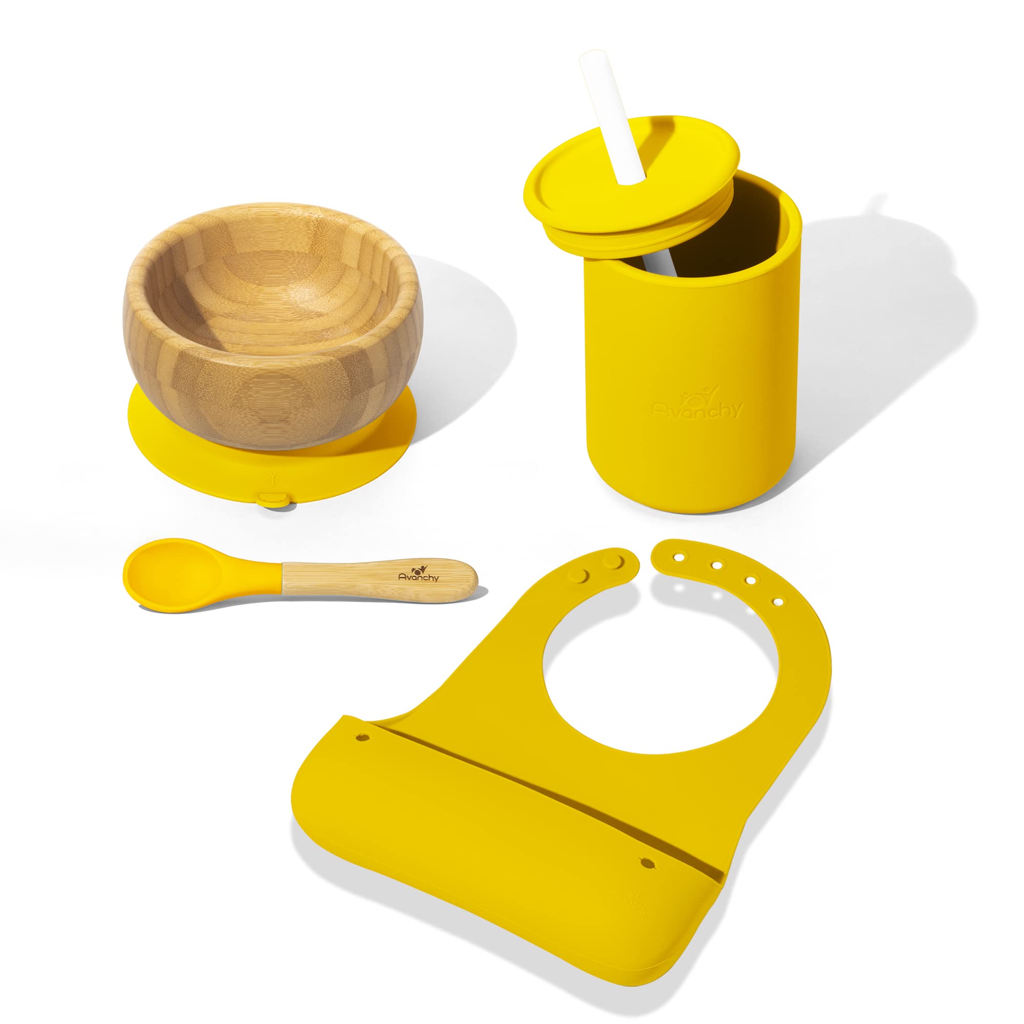 Avanchy Roll & Go Silicone Baby Bibs with 8 oz Mini Cup & Straw + Bamboo Suction Bowl Set - Perfect for Travel, Mess-Free Feeding & On-the-Go Meals