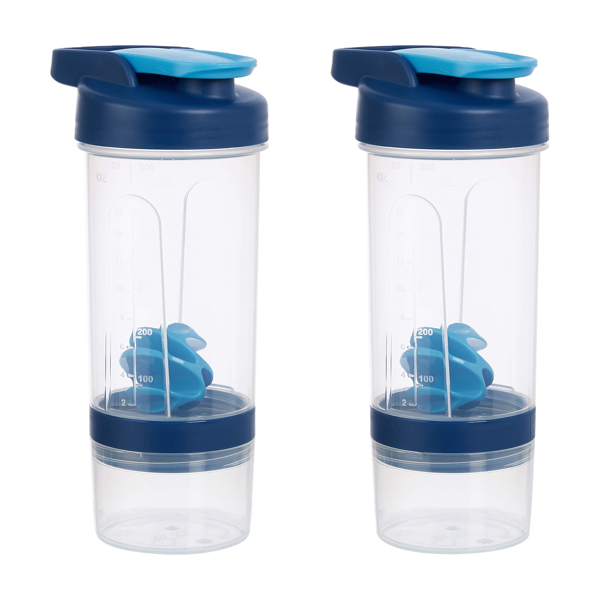 Amazon Basics 20-Ounce Protein Shaker Bottle with Mixer Ball - 2-Pack, Blue, 11.8x9x23cm - Perfect for Gym, Workout & Post-Exercise Protein Shakes
