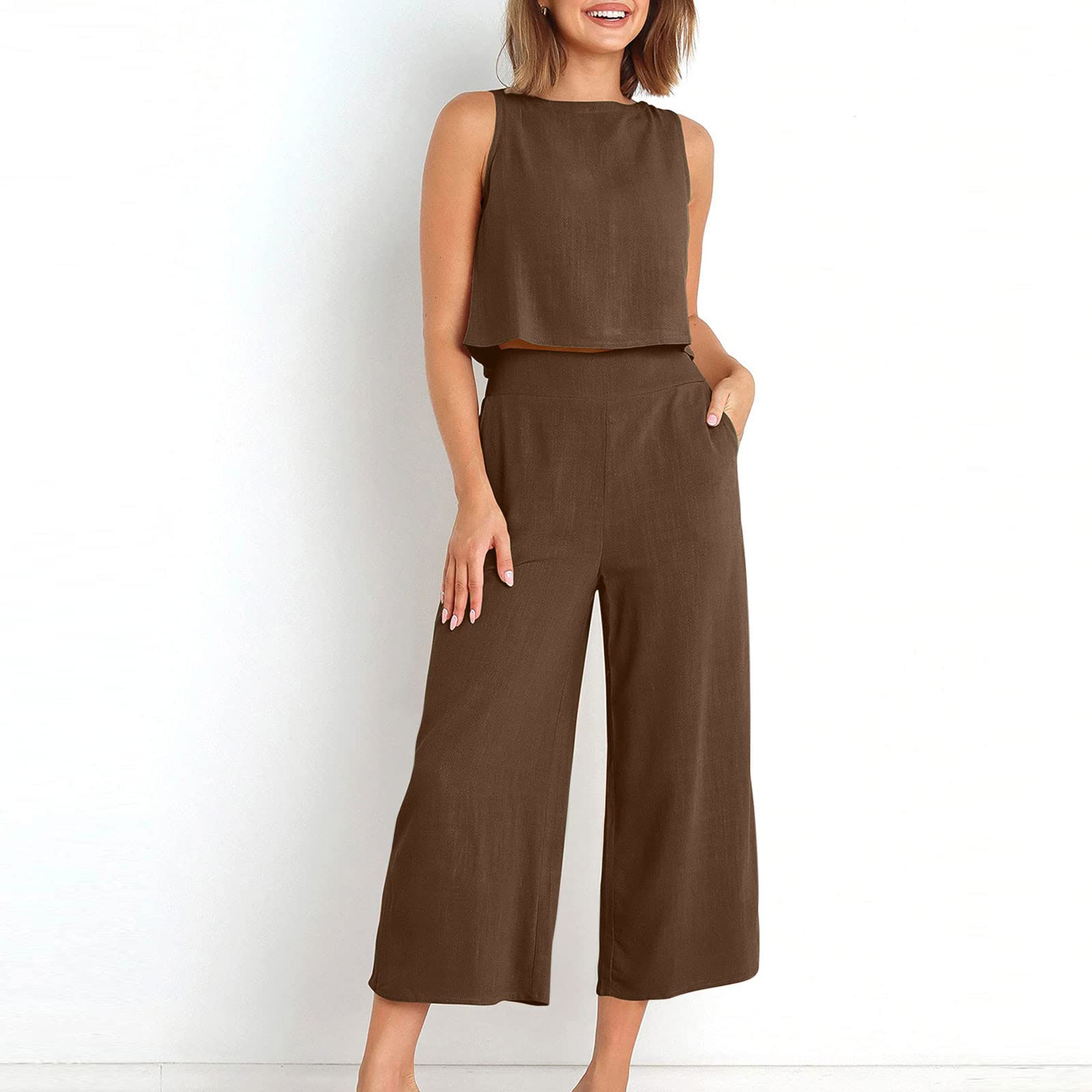 Women's 2-Piece Summer Outfit Set - Linen Crop Top & High Waist Wide Leg Capri Pants Lounge Set | Casual Wear, Beach Vacation, Yoga, Street Fashion