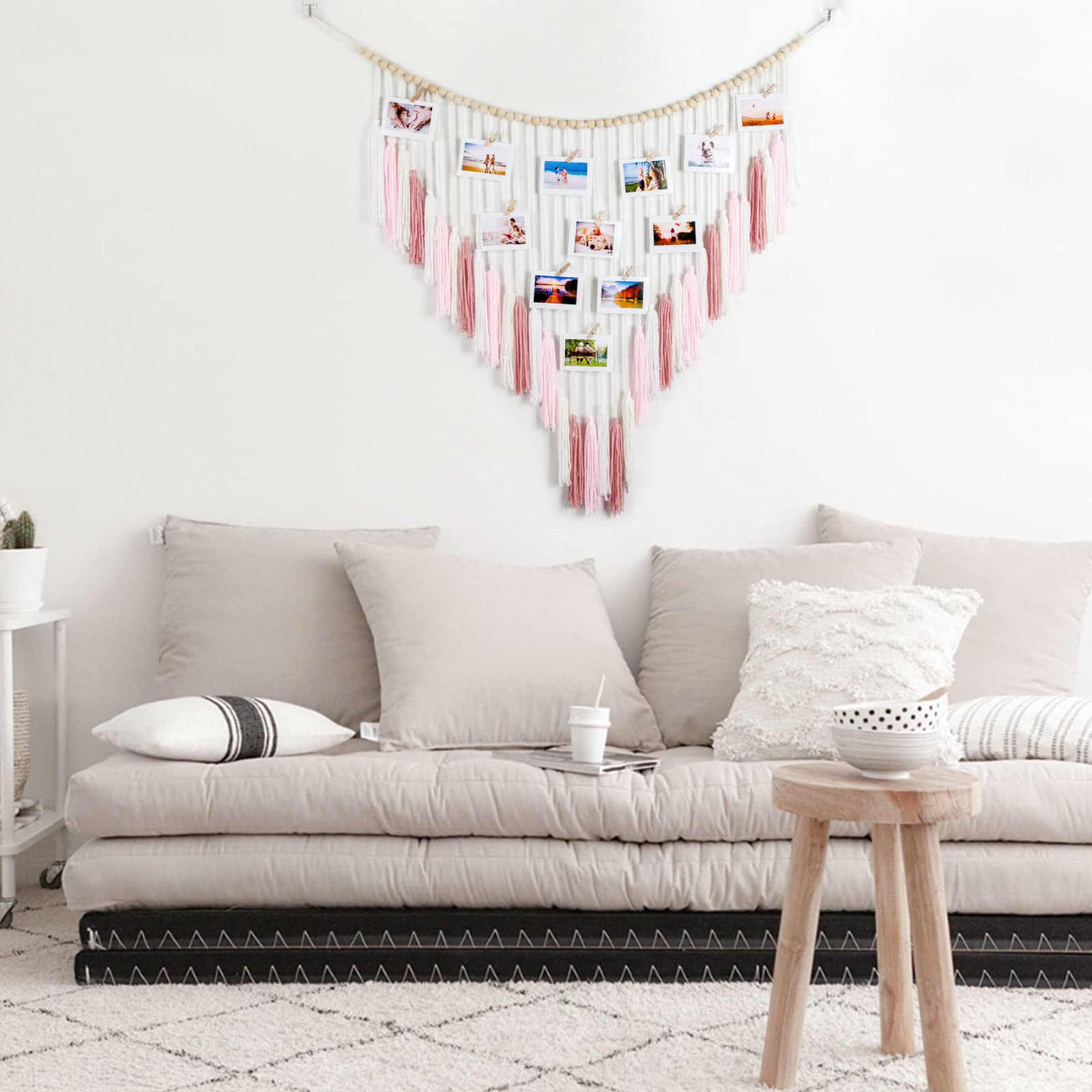 Macrame Wall Hanging with Wood Beads - Boho Home Decor for Bedroom & Living Room | Photo Display & Gift Idea