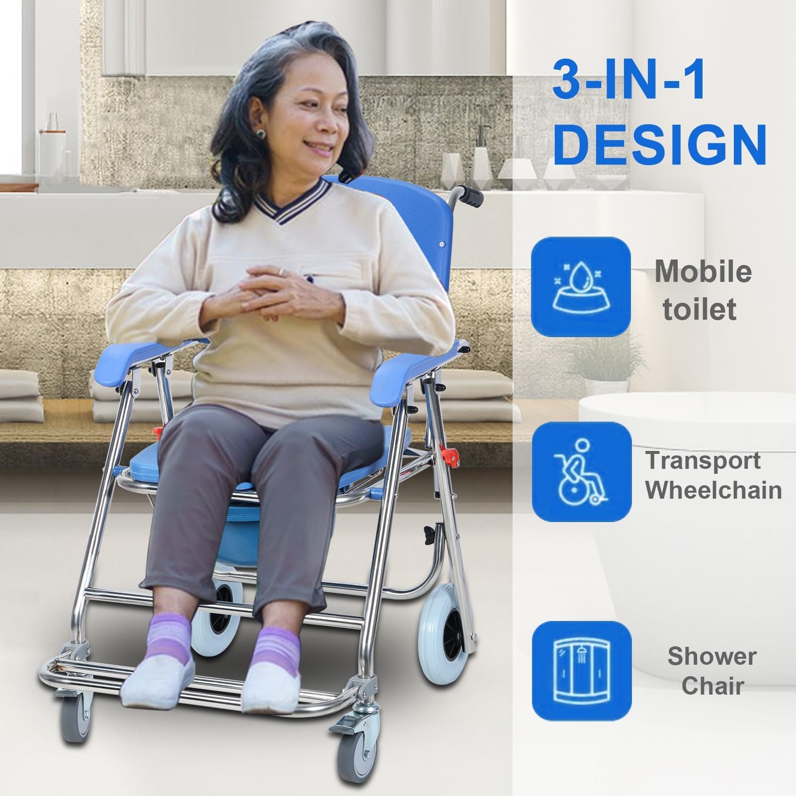 3-in-1 Shower Commode Wheelchair - Foldable Waterproof Rolling Toilet Chair with Armrests & Backrest - Portable Mobility Aid for Elderly & Disabled - Ideal for Bathroom Safety & Home Care Use