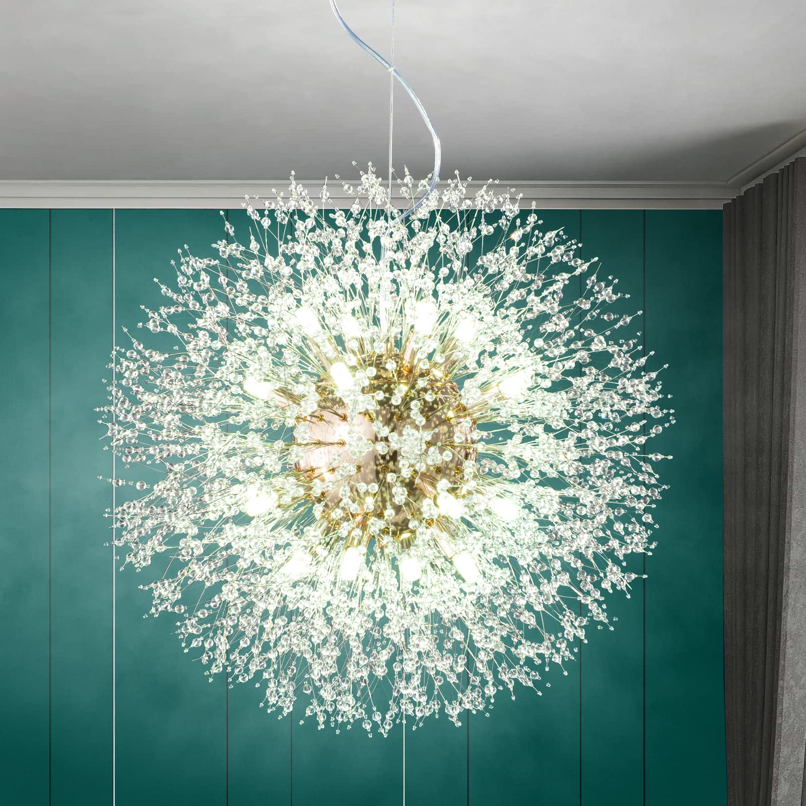 Modern Chandelier Firework Dandelion Sputnik Chandelier - 16-Light Crystal Gold Pendant Lighting Fixture for Kitchen Island, Dining Room, Bedroom & Living Room - Elegant Ceiling Light for Home Decor, Wedding & Luxury Interior Design
