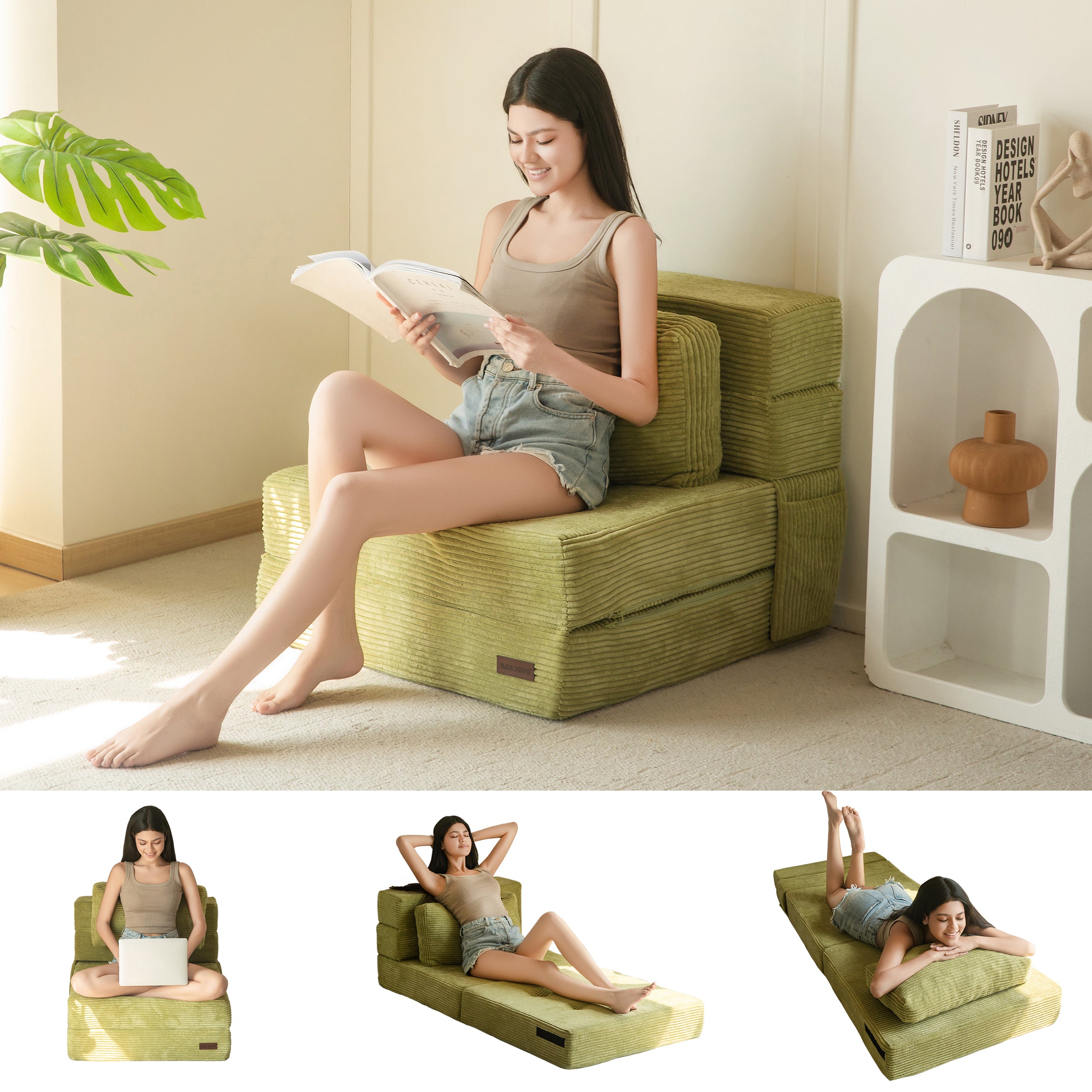 MAXYOYO 3-in-1 Convertible Sofa Bed - Foldable Single Sleeper Couch with Pillow, Foam Floor Lounger & Lazy Chair for Living Room, Bedroom & Guest Room (Green) | Perfect for Small Spaces, Overnight Guests & Cozy Relaxation