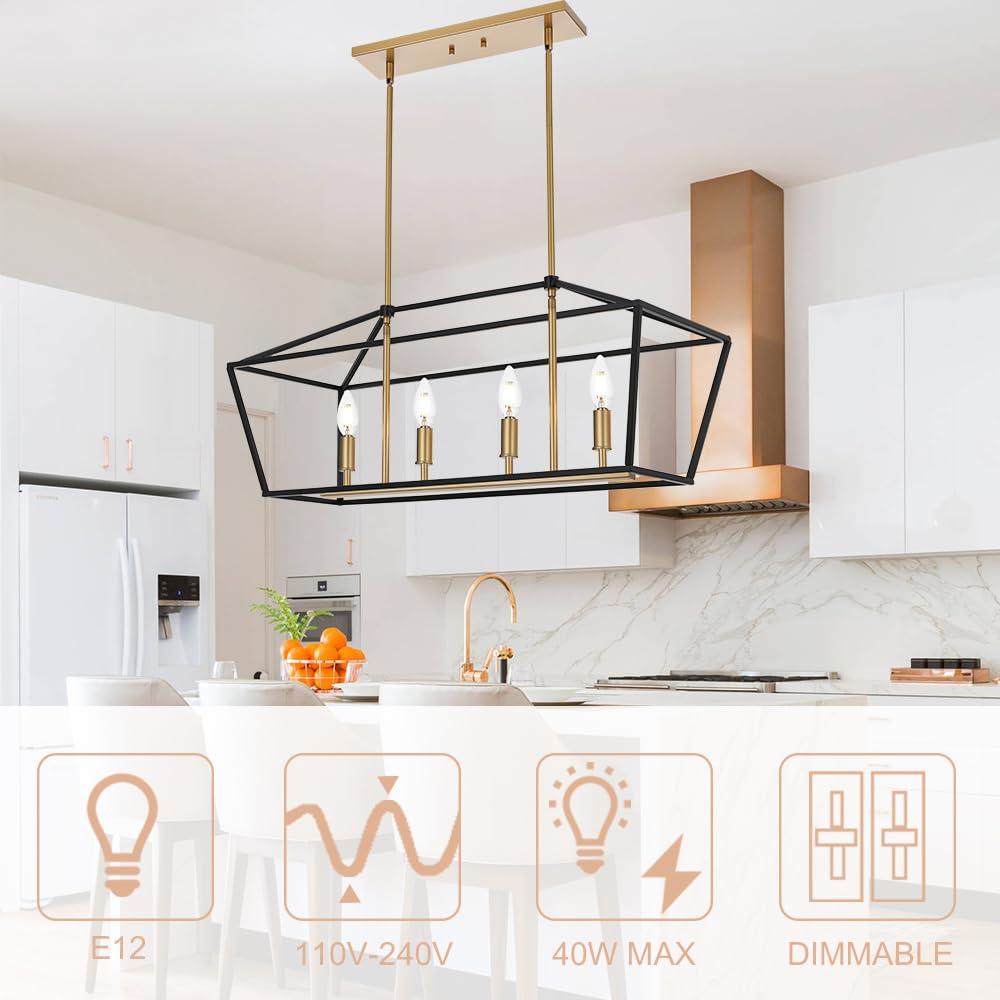4-Light Farmhouse Linear Chandelier - Adjustable Height Kitchen Island Pendant Lighting for Dining Room, Breakfast Nook & Bar Counter | Modern Rustic Ceiling Light Fixture for Table Hanging