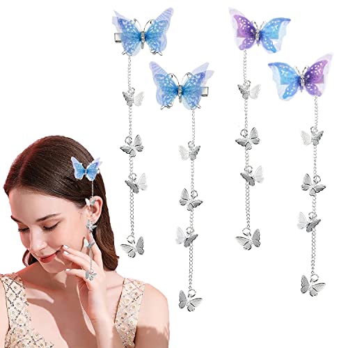 4Pcs Tassel Butterfly Hair Clips for Girls - Elegant Metal Hairpins with Long Hanging Tassels, Stylish Hair Accessories for Parties, Weddings & Everyday Wear