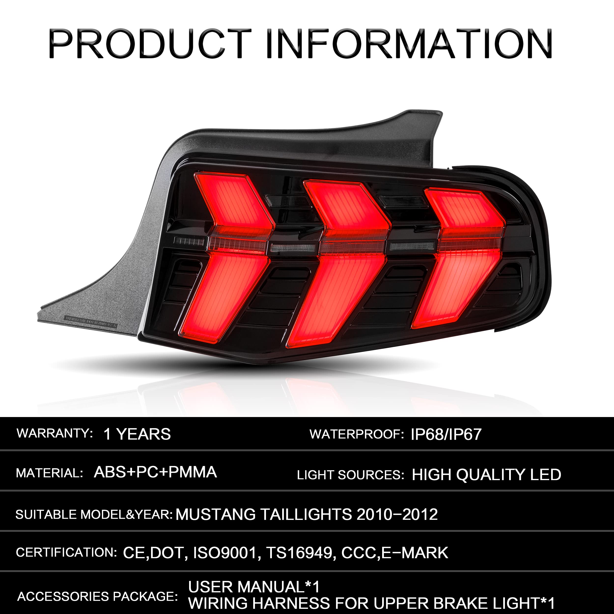 VLAND LED Tail Lights Assembly for Ford Mustang 2010-2012 - Full LED Tail Lamp with Turn Signal - Plug & Play Replacement - Perfect for Night Driving & Car Customization