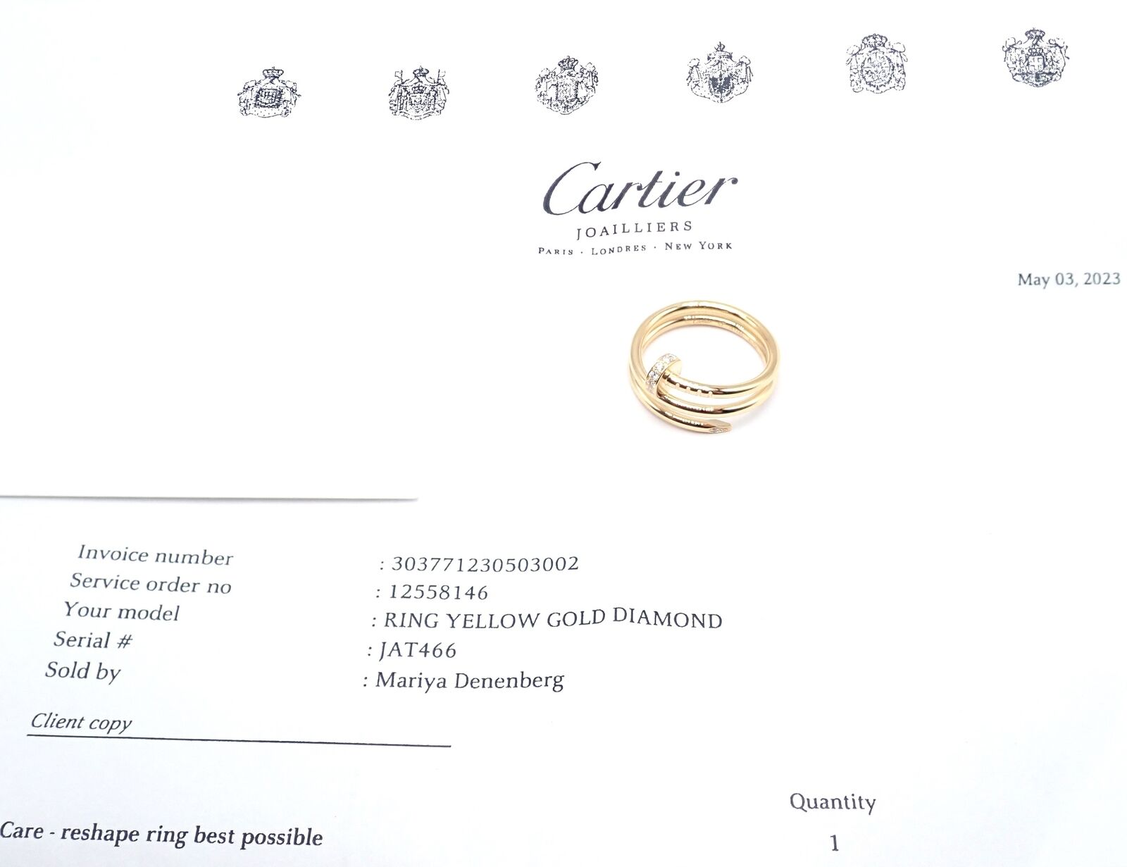 Cartier Juste Un Clou 18k Yellow Gold Diamond Nail Band Ring - Size 53 Luxury Jewelry for Women, Perfect for Anniversary Gifts, Date Nights & Special Occasions