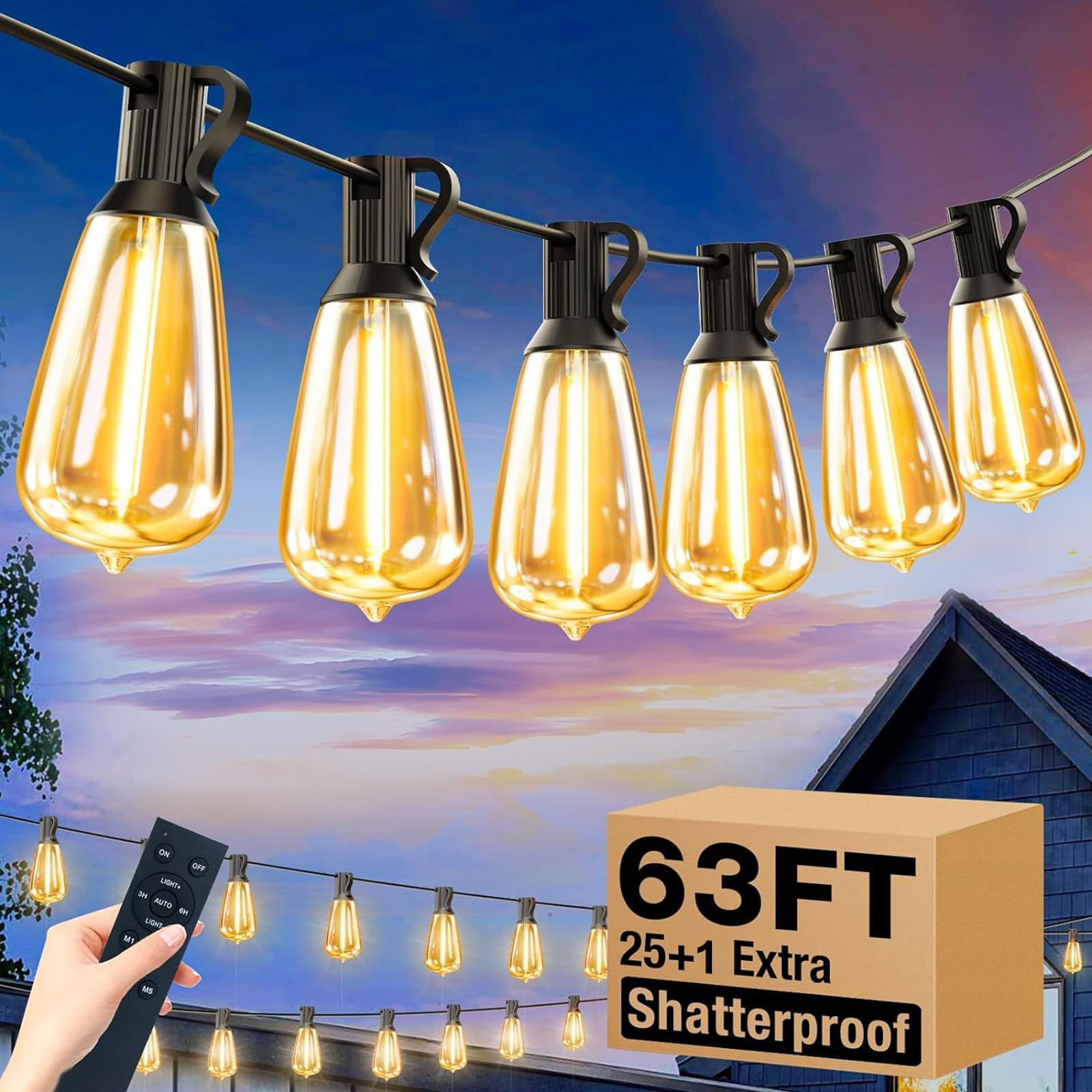 63ft LED String Lights with Remote Control - Shatterproof Vintage Edison Bulbs, Dimmable Outdoor Hanging Lights for Wedding, Garden, Yard, Bistro, Party & Christmas Decor | Perfect for Patio, Backyard, Holiday and Special Event Lighting