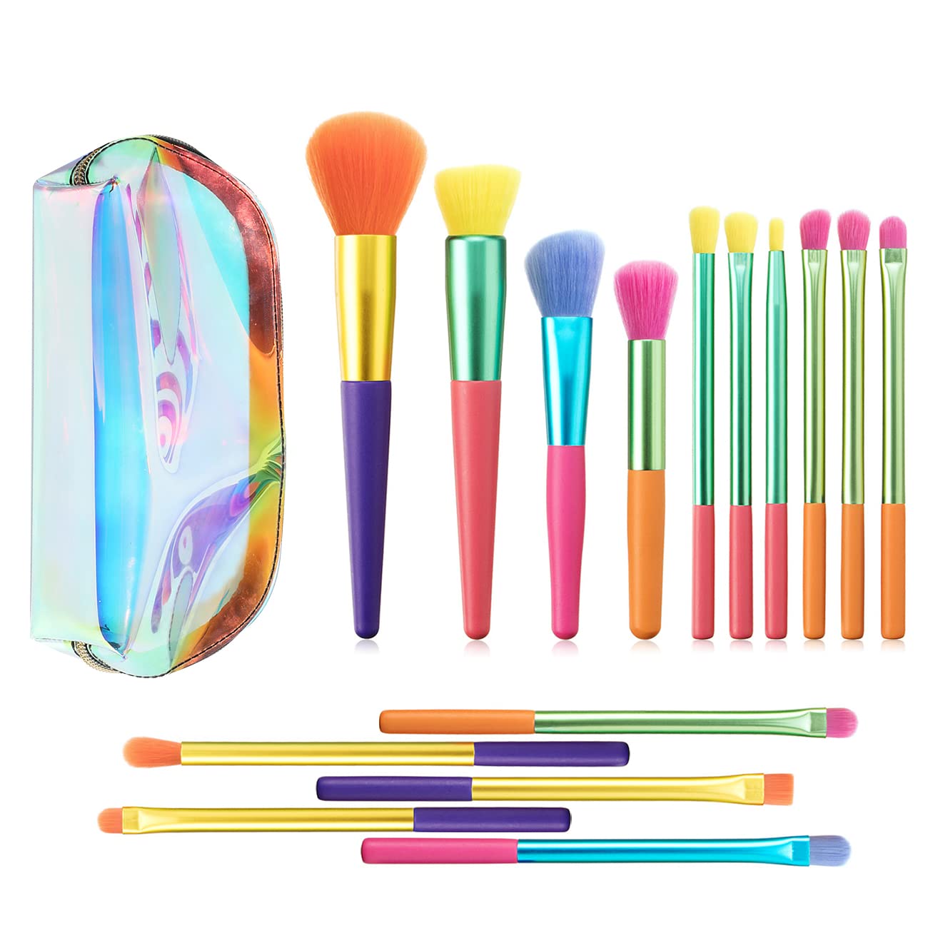 15-Piece Premium Synthetic Rainbow Makeup Brush Set - Professional Kabuki, Face Powder, Blush & Foundation Brushes with Travel Case | Perfect for Makeup Artists & Beginners (Colorful Cosmetic Brush Kit) - Ideal for Home, Travel & Professional Makeup Application