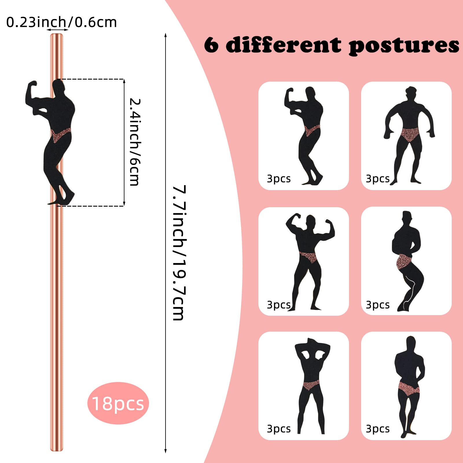18pcs Rose Gold Naughty Straws for Bachelorette Party - Hen Do Accessories, Male Stripper & Dancing Men Cocktail Straws - Perfect for Bachelorette Nights, Bridal Showers & Girls Night Out Parties