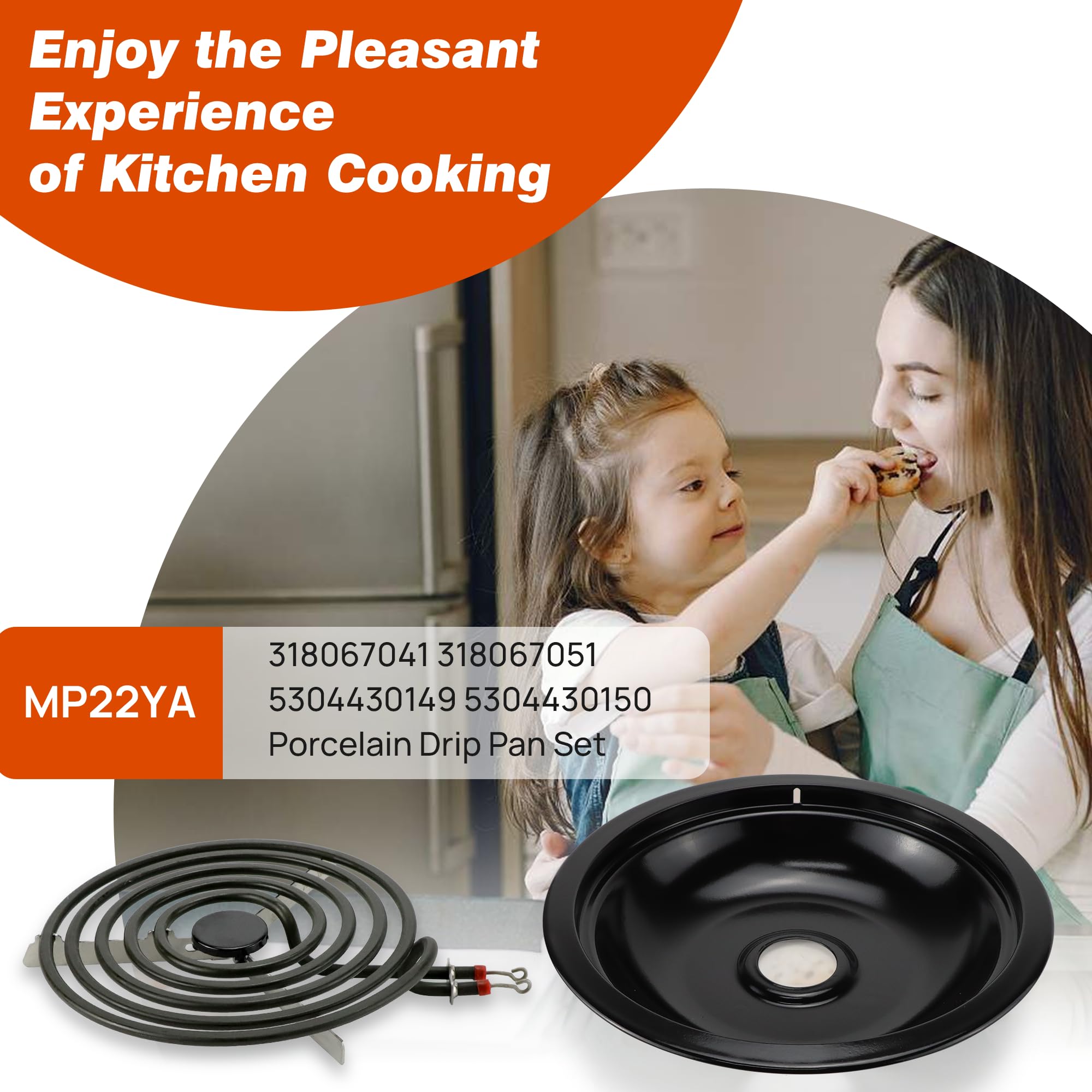 Electric Stove Range Burner Element MP22YA with Black Porcelain Drip Pans (318067041, 318067051) - Replacement for Frigidaire Kenmore Models 5304430149 & 5304430150 | Perfect for Kitchen Upgrades & Appliance Repairs
