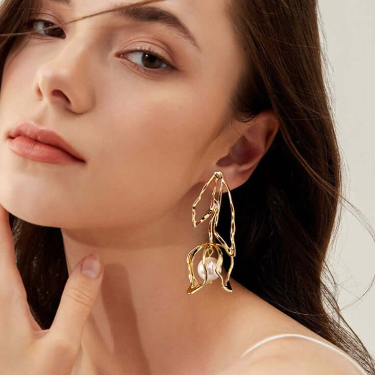 Elegant Large Two-Tone Flower Pearl Drop Earrings for Women | R0919 | Perfect for Weddings, Parties & Special Occasions