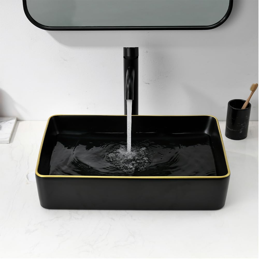 20x14 Inch Black & Gold Rectangular Ceramic Vessel Sink - Above Counter Bathroom Vanity Sink Basin with Modern Border Design | Perfect for Contemporary Bathrooms, Powder Rooms, and Luxury Home Renovations