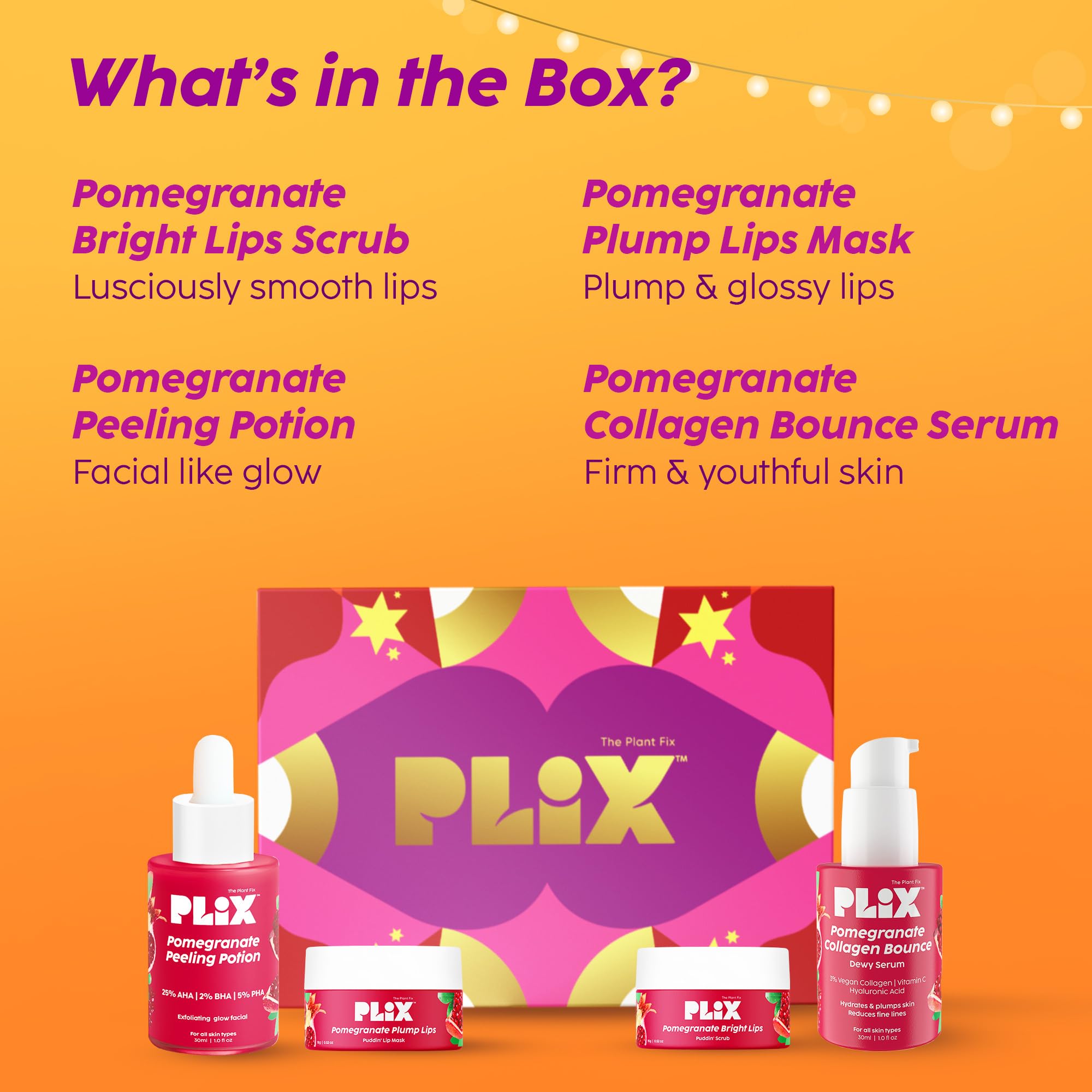 PLIX - THE PLANT FIX Pomegranate Luxe Skin Secrets Gift Box | Holiday Skincare Set with Lip Scrub, Lip Mask, Exfoliator & Collagen Serum | Unisex Beauty Gift for Women & Men | Limited Edition | Perfect for Christmas, Birthday & Self-Care Gifting