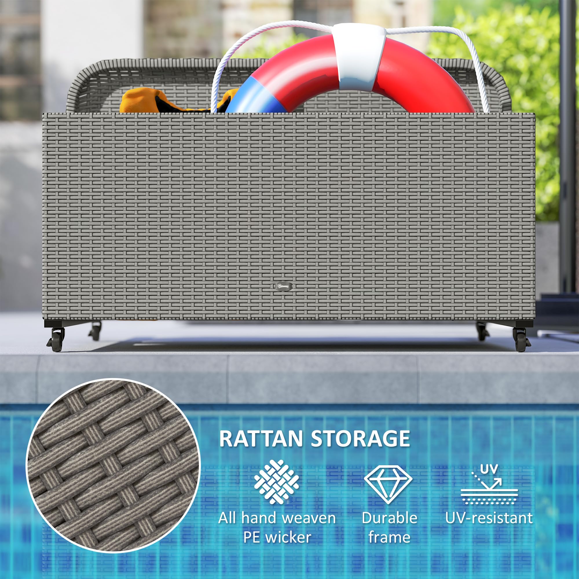 Outsunny PE Rattan Pool Float Storage Basket with Wheels - Outdoor Wicker Caddy Organizer for Pool Toys, Floaties, Noodles, Beach Balls & Life Vests - Durable Gray Patio Storage for Backyard, Poolside & Beach Use
