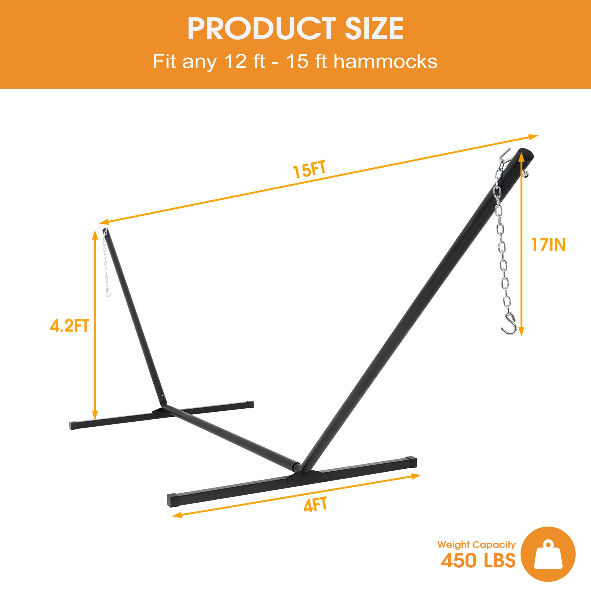 **Lazy Daze 15ft Heavy Duty Steel Hammock Stand with Hooks & Chains - 450lb Capacity, Black - Perfect for Outdoor Relaxation in Porch, Patio, Garden & Backyard**