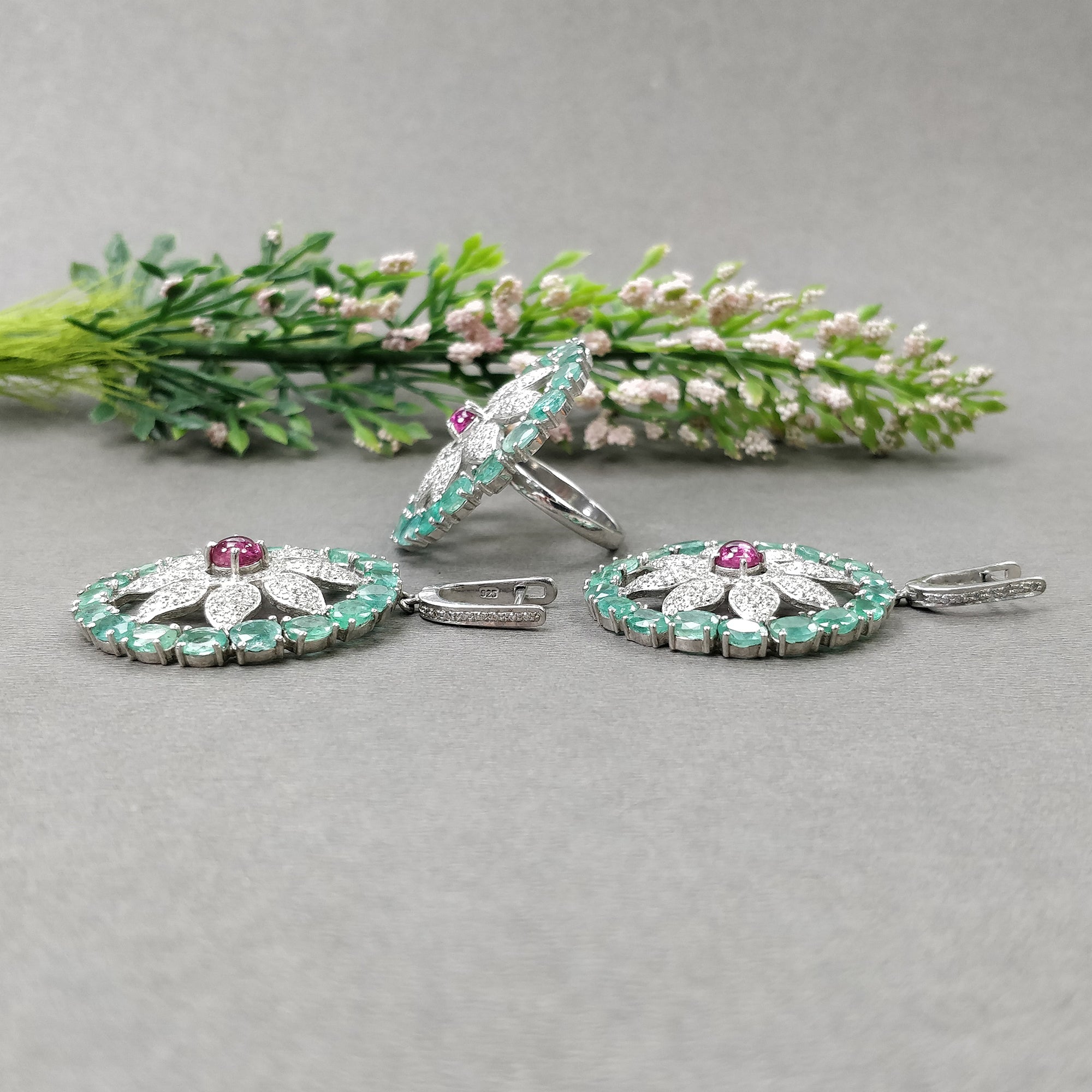Natural Emerald & Pink Tourmaline Gemstone Jewelry Set with CZ - 925 Sterling Silver Round & Oval Earrings & Rings for Women | Wedding, Party, Anniversary Gift