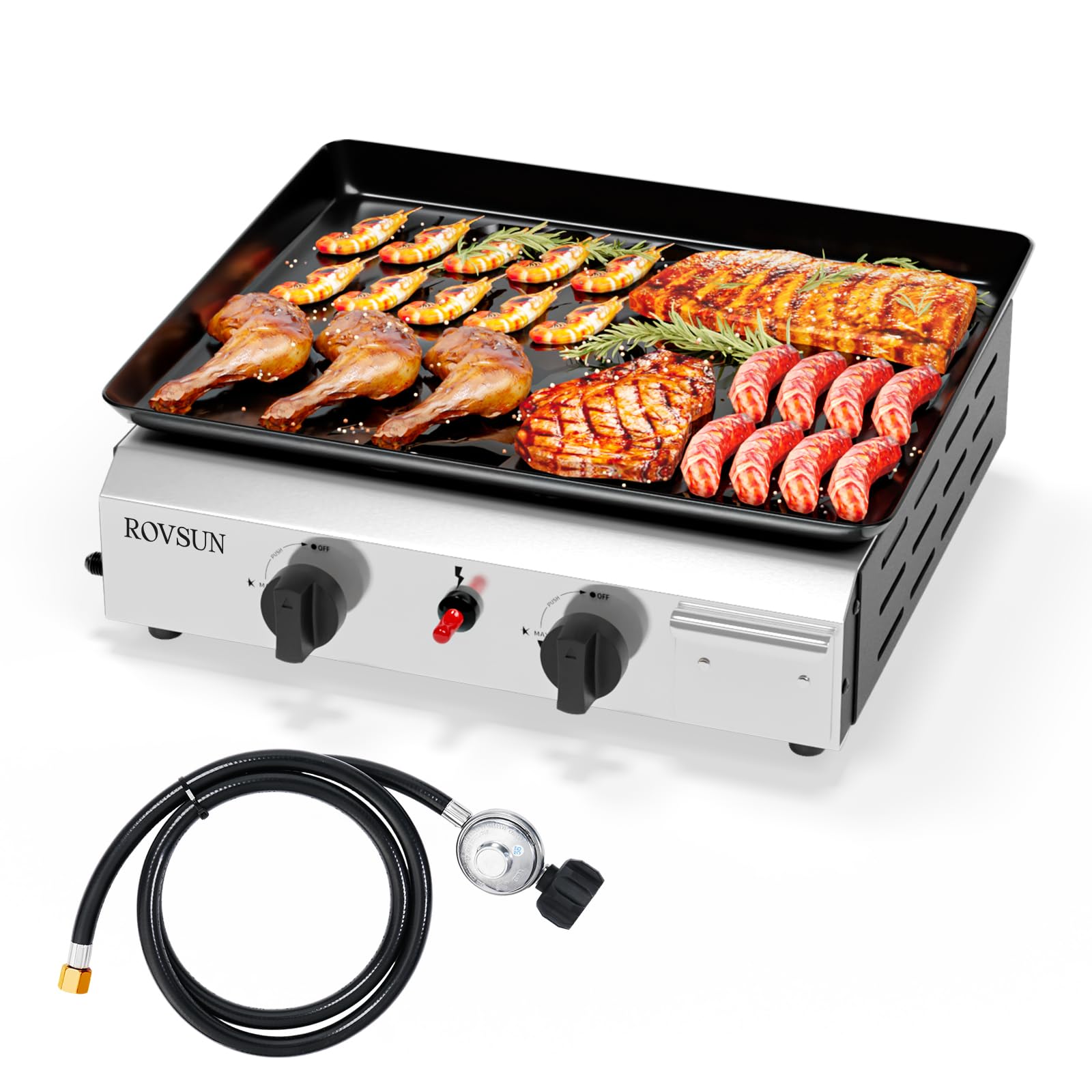 ROVSUN 2 Burner Portable Propane Griddle - 20,000 BTU Nonstick Enameled Flat Top Gas Grill with Electronic Ignition & Regulator for Outdoor Cooking, Camping, BBQ, Tailgating, Picnics - Perfect for Backyard Parties and RV Trips