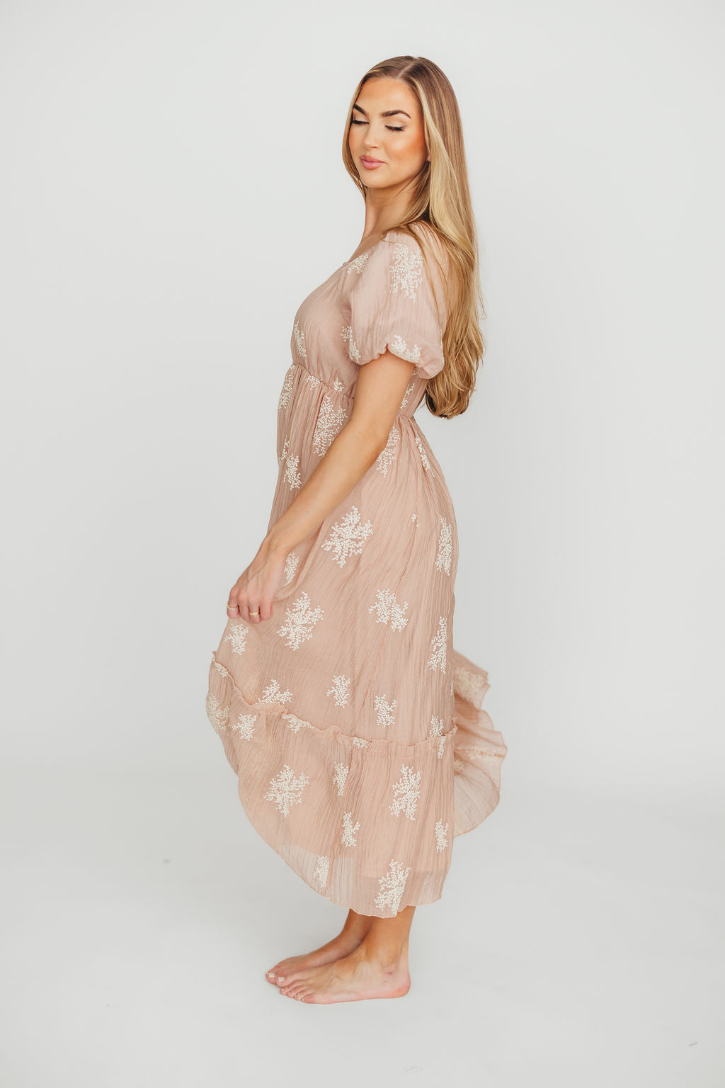 Hallie Embroidered Maxi Dress in Blush Pink - Bump Friendly Maternity Dress with Inclusive Sizing (S-3XL) | Perfect for Weddings, Baby Showers & Summer Vacations