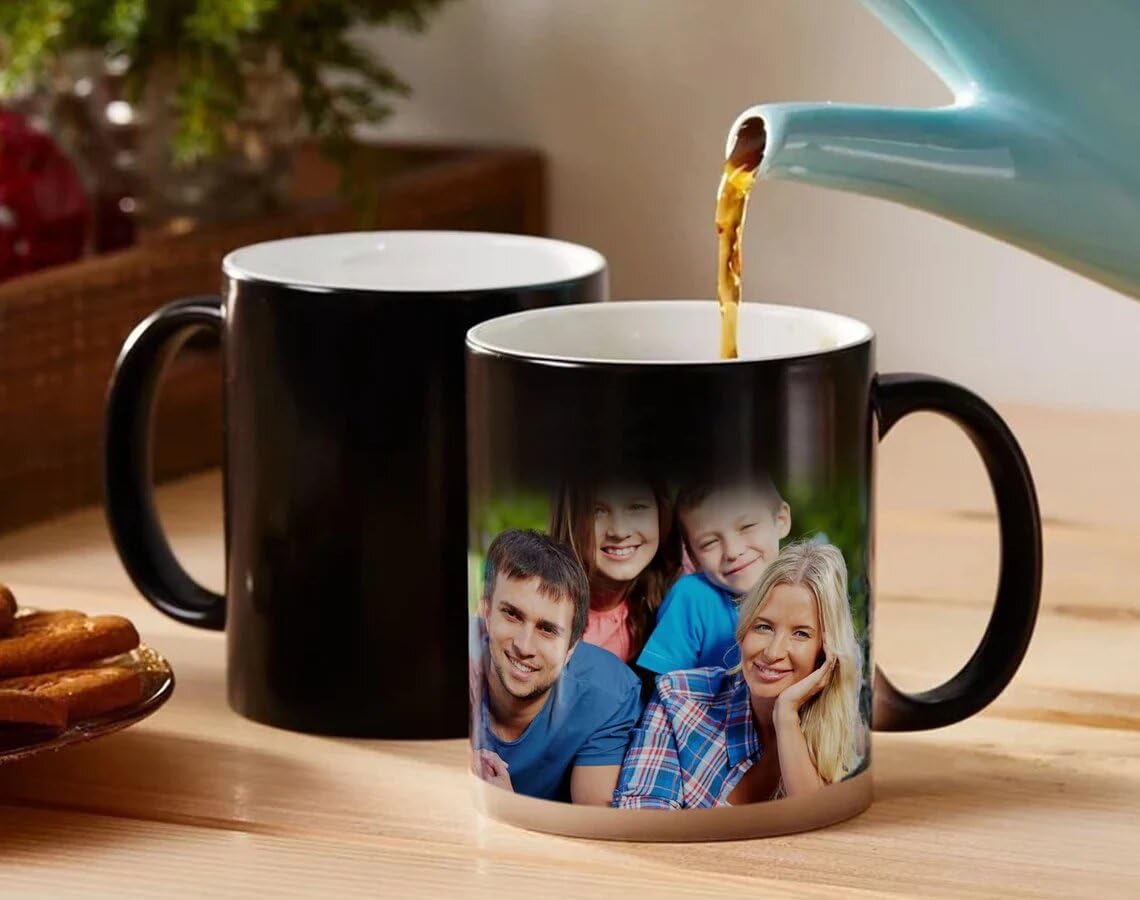 Personalized Magic Mug - Custom Photo, Name, Logo or Text - 320ml Ceramic Coffee Cup for Wife, Husband - Perfect Wedding, Birthday, Anniversary Gift (Black Magic, Holds 2 Photos) - Great for Coffee, Tea, Office Use & Romantic Surprises