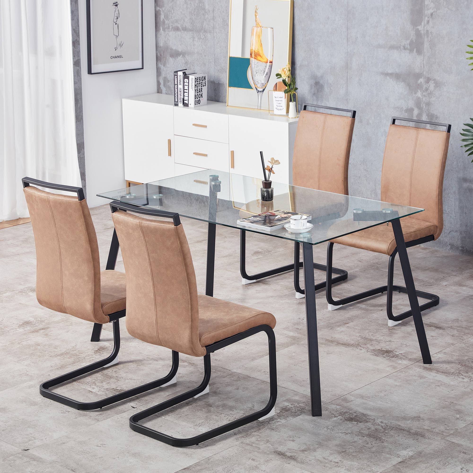 Baysitone Modern Dining Chairs Set of 4 - High Back Kitchen Chairs with Leatherette Padded Seats - Brown Dining Room Chairs for Kitchen, Living Room & Restaurant - Perfect for Family Dinners & Entertaining Guests