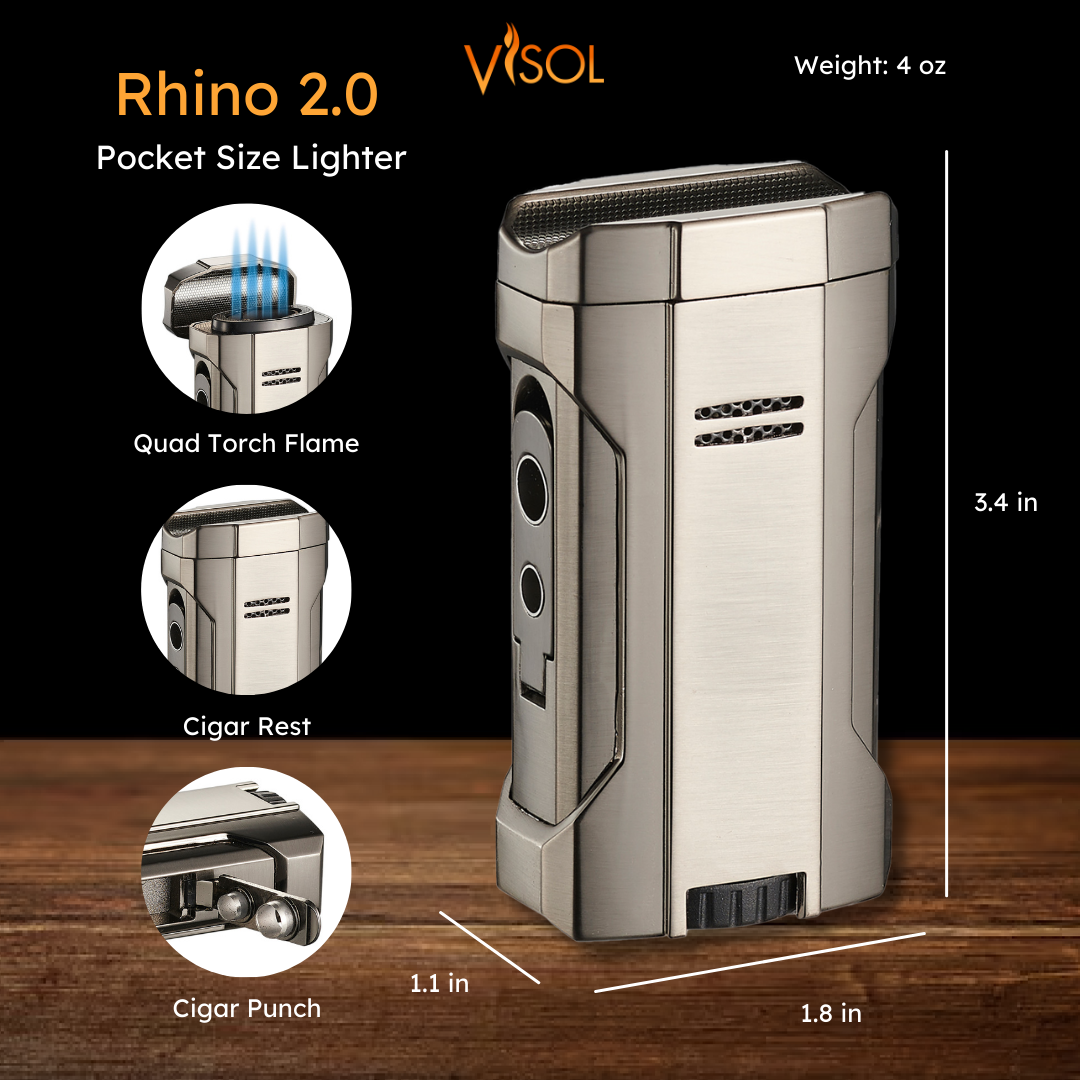 Premium Visol Rhino 2.0 Gunmetal Quad Flame Torch Lighter for Cigars - Windproof Butane Lighter for Outdoor Use, Cigar Smoking, Camping & BBQ