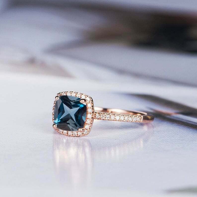 1.5ct Cushion Cut London Blue Topaz Engagement Ring for Women - Halo Rose Gold Plated Wedding Band, Anniversary Gift, Promise Ring - Perfect for Proposals, Bridal Jewelry & Special Occasions