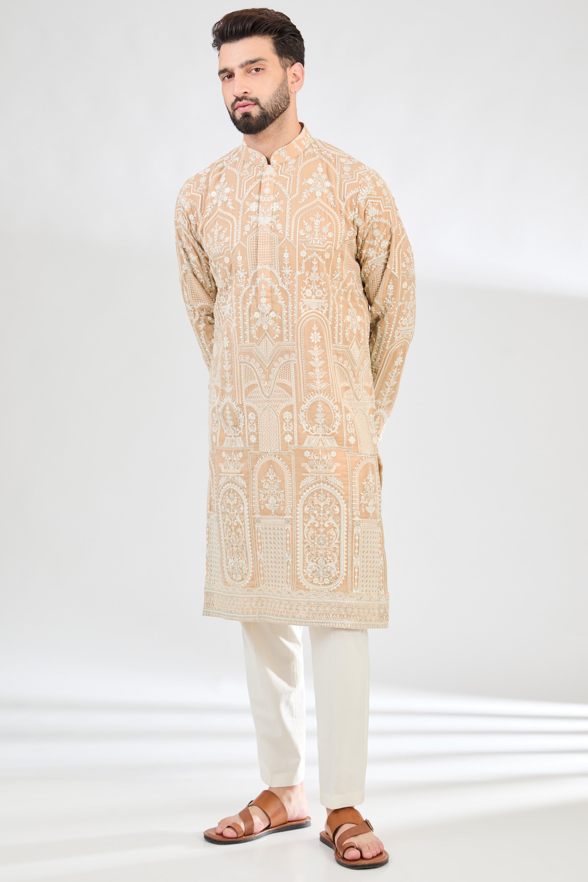 Elegant Chikankari Kurta with Ivory Cream Thread Work & Silver Highlights - Perfect for Festivals, Weddings & Ethnic Occasions