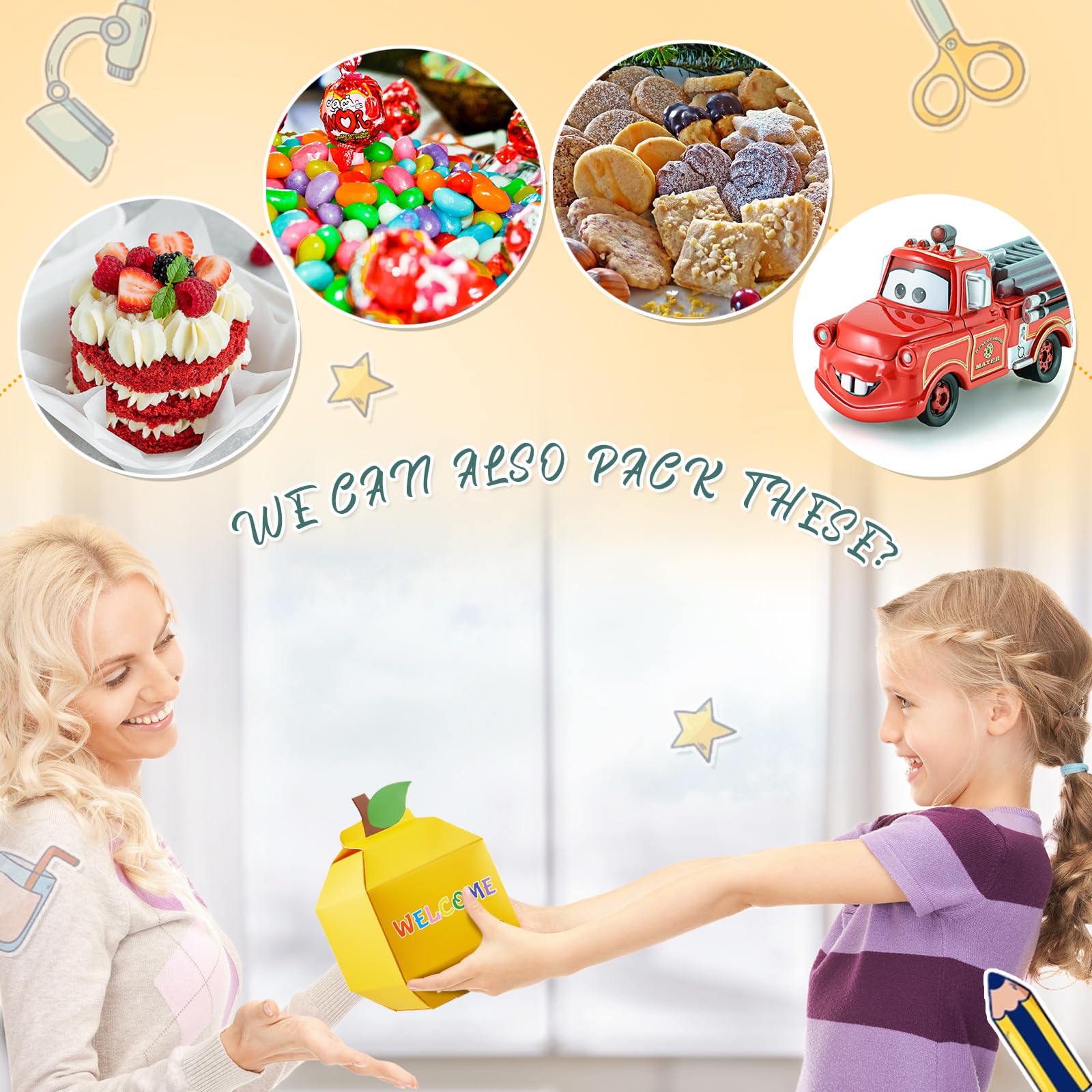 Qilery 24-Piece Welcome Back to School Gift Set - First Day of School Candy Box, Apple Pencil Shaped Treat Box, School Bus Favor Box & Backpack Gift Box for Classroom Decorations, Birthday Parties & Teacher Appreciation Gifts - Perfect for School Celebrations, Student Rewards & Party Favors (Apple Design)