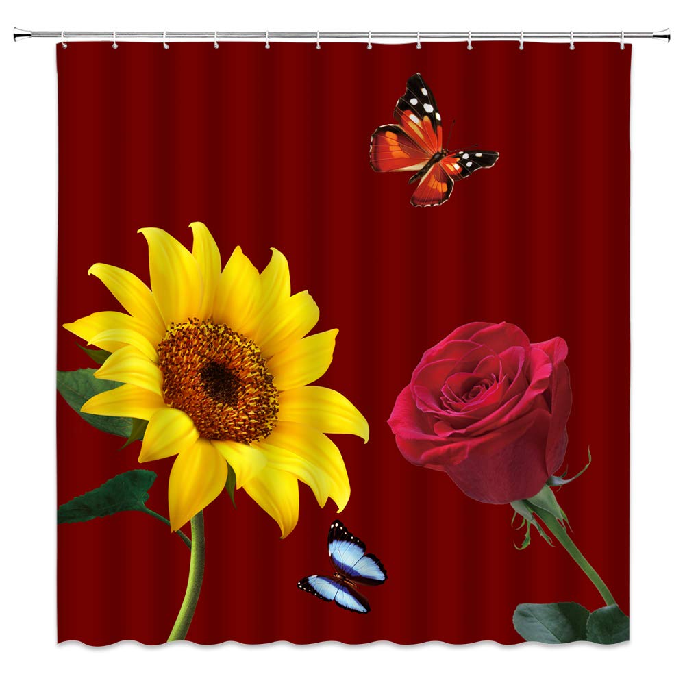 Vintage Sunflower Rose Shower Curtain - Rustic Wildflower Design with Butterflies in Red, Yellow & Blue | Farmhouse Bathroom Decor for Romantic Country Style Homes | Perfect for Spring Refresh & Nature-Inspired Bathroom Makeovers