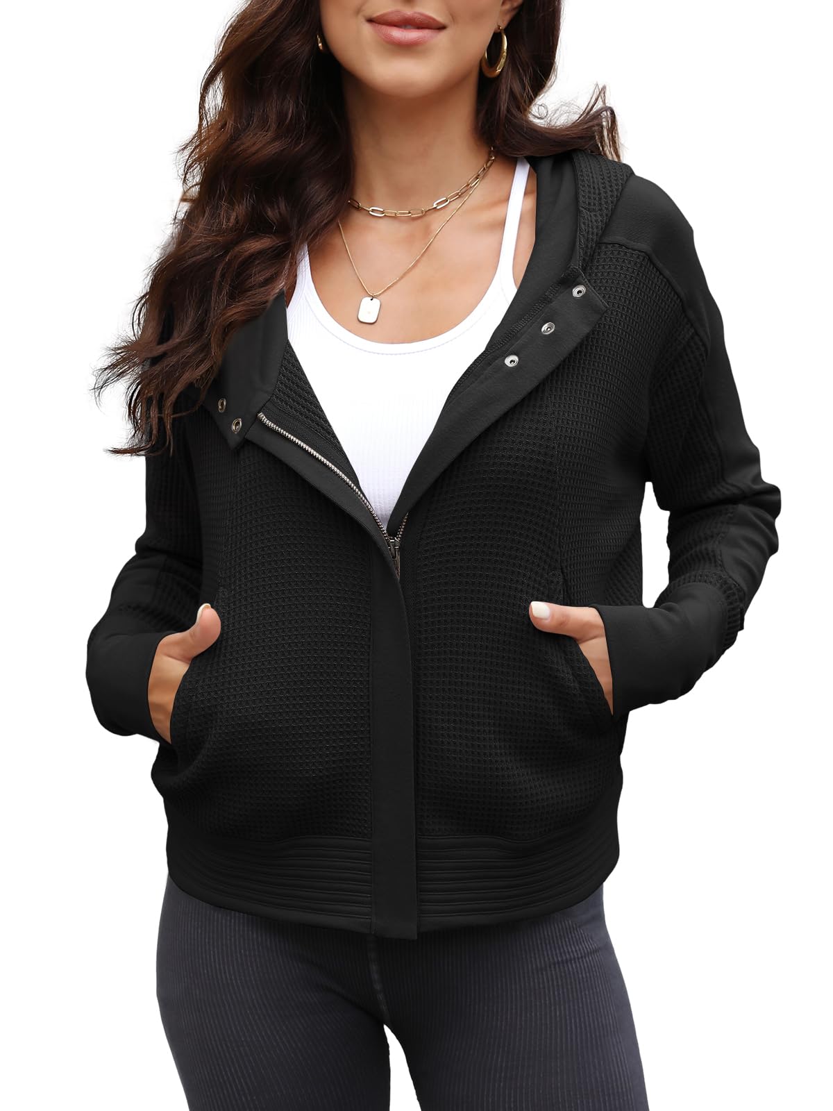 Yanekop Women's Waffle Knit Zip-Up Hoodie Jacket - Casual Long Sleeve Slouchy Shacket for Fall & Winter | Perfect for Layering, Outdoor Activities & Everyday Wear