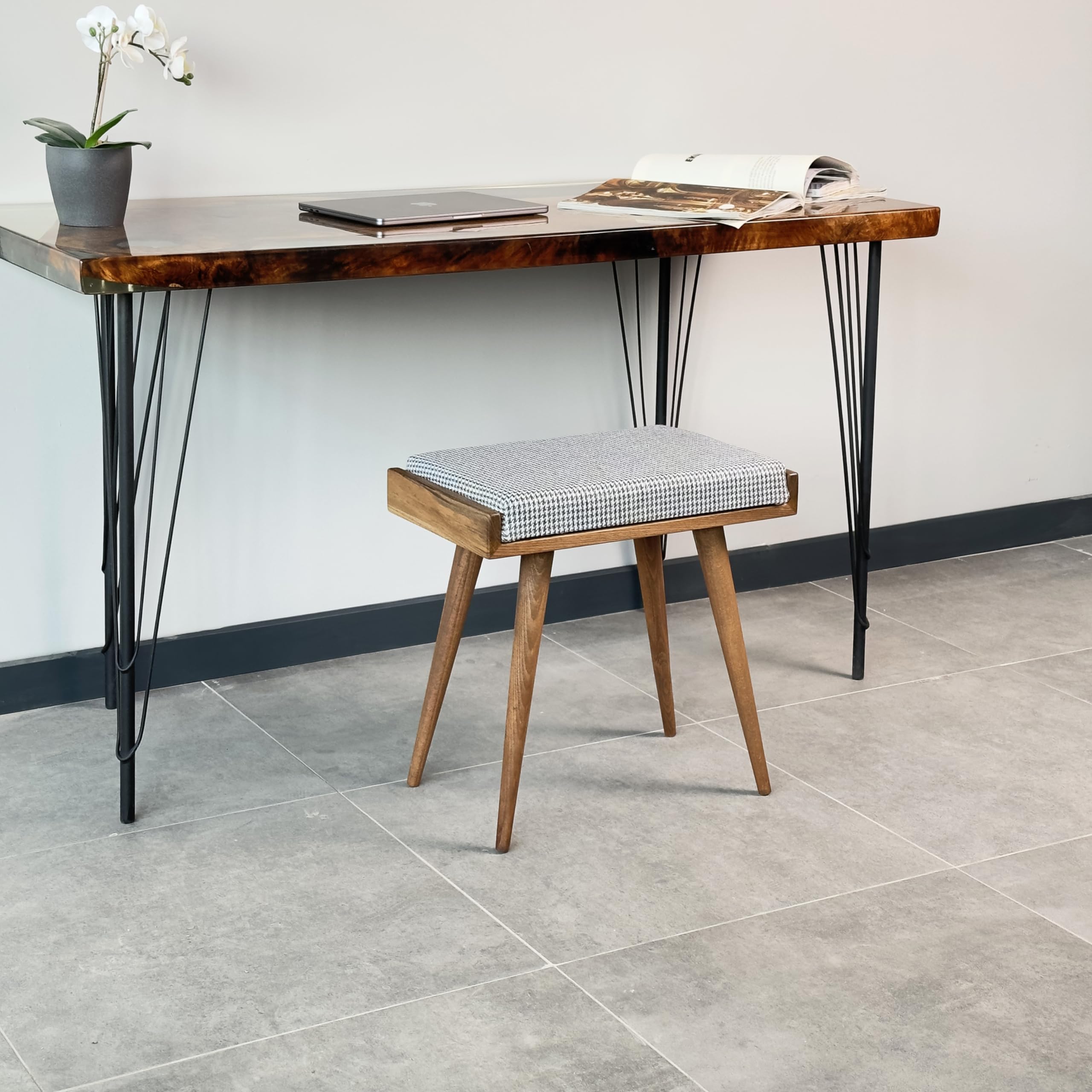 Walnut Ottoman Stool for Living Room - Upholstered Crowbar Pattern Fabric - Multi-Functional Piano Bench, Bedroom Seat & Footrest - Perfect for Home Decor, Relaxation & Extra Seating