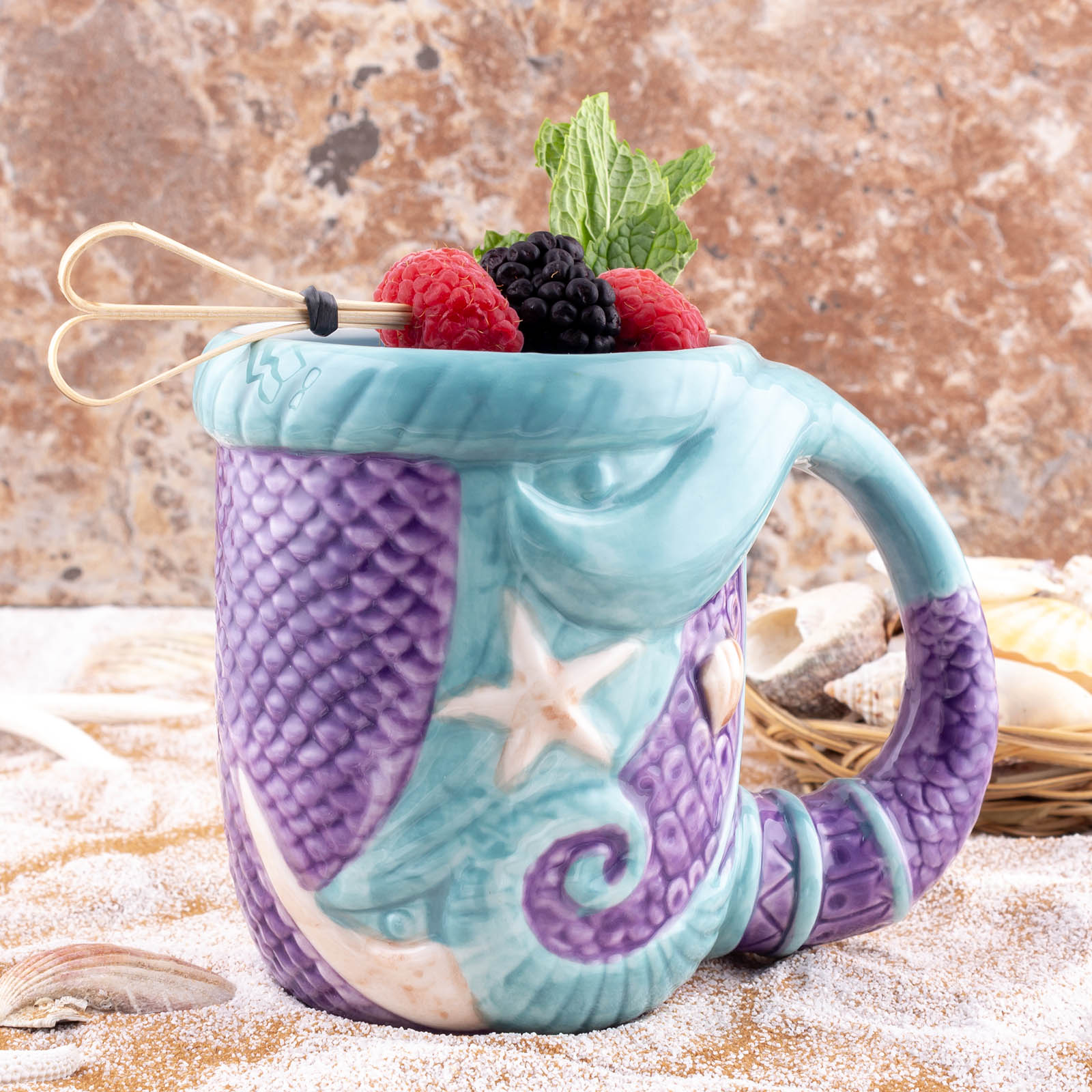 BarConic® Tiki Mermaid Tail Mug - 16 oz Ceramic Tropical Drinkware for Cocktails, Juice & Iced Coffee - Perfect for Beach Parties, Luau Themed Events & Summer Decor