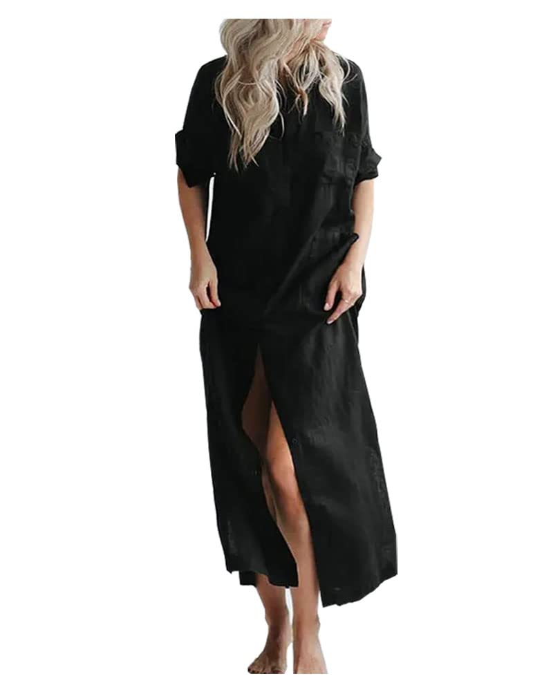 Ladyful Women's Cotton Linen Shirt Dress with Slit & Button Down - Solid Color Casual Shift Dress for Beach, Vacation & Summer Outfits