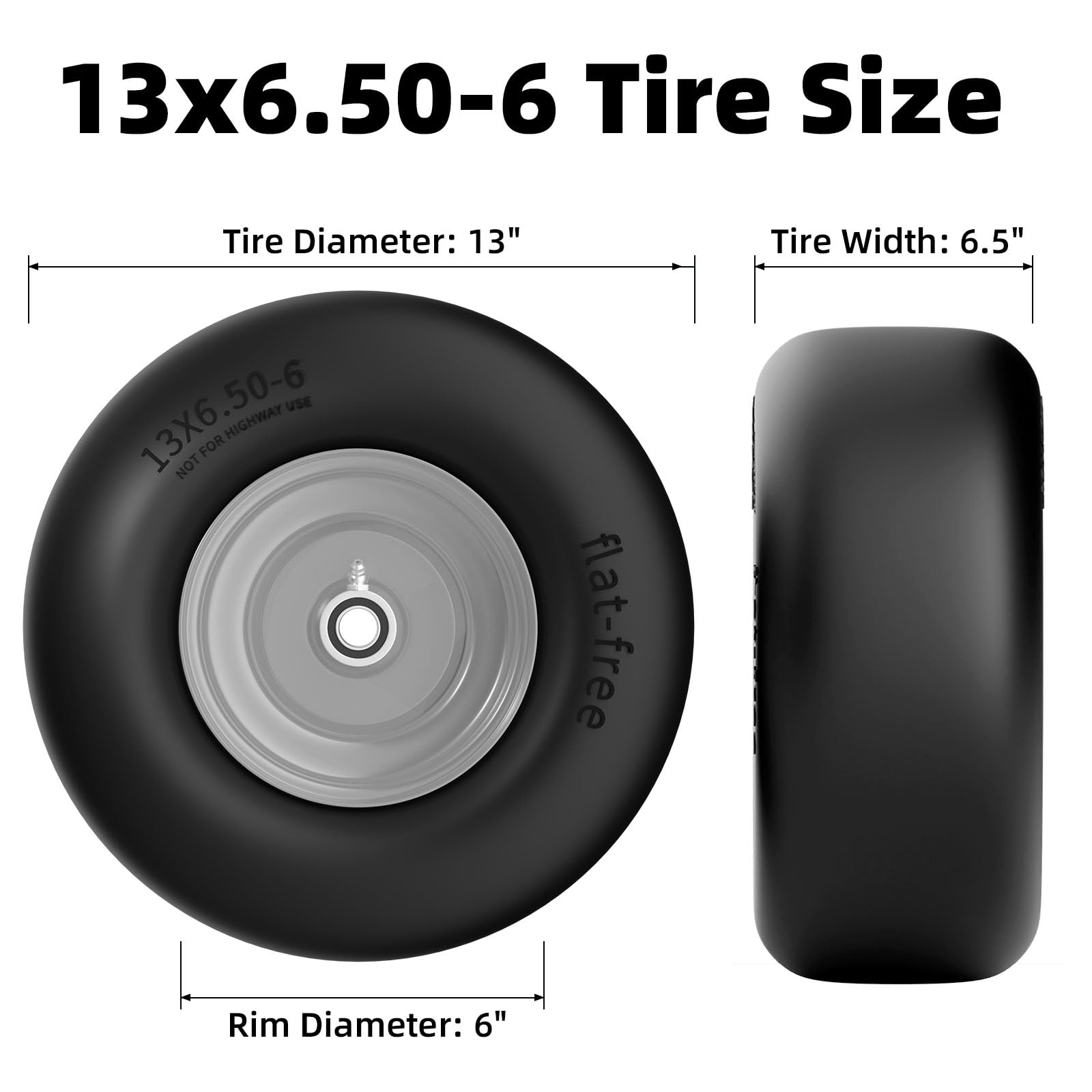 13x6.50-6 Flat Free Lawn Mower Tires & Wheels Set (2-Pack) - Zero Turn Mower Front Tires for Residential & Commercial Use - Fits 3/4