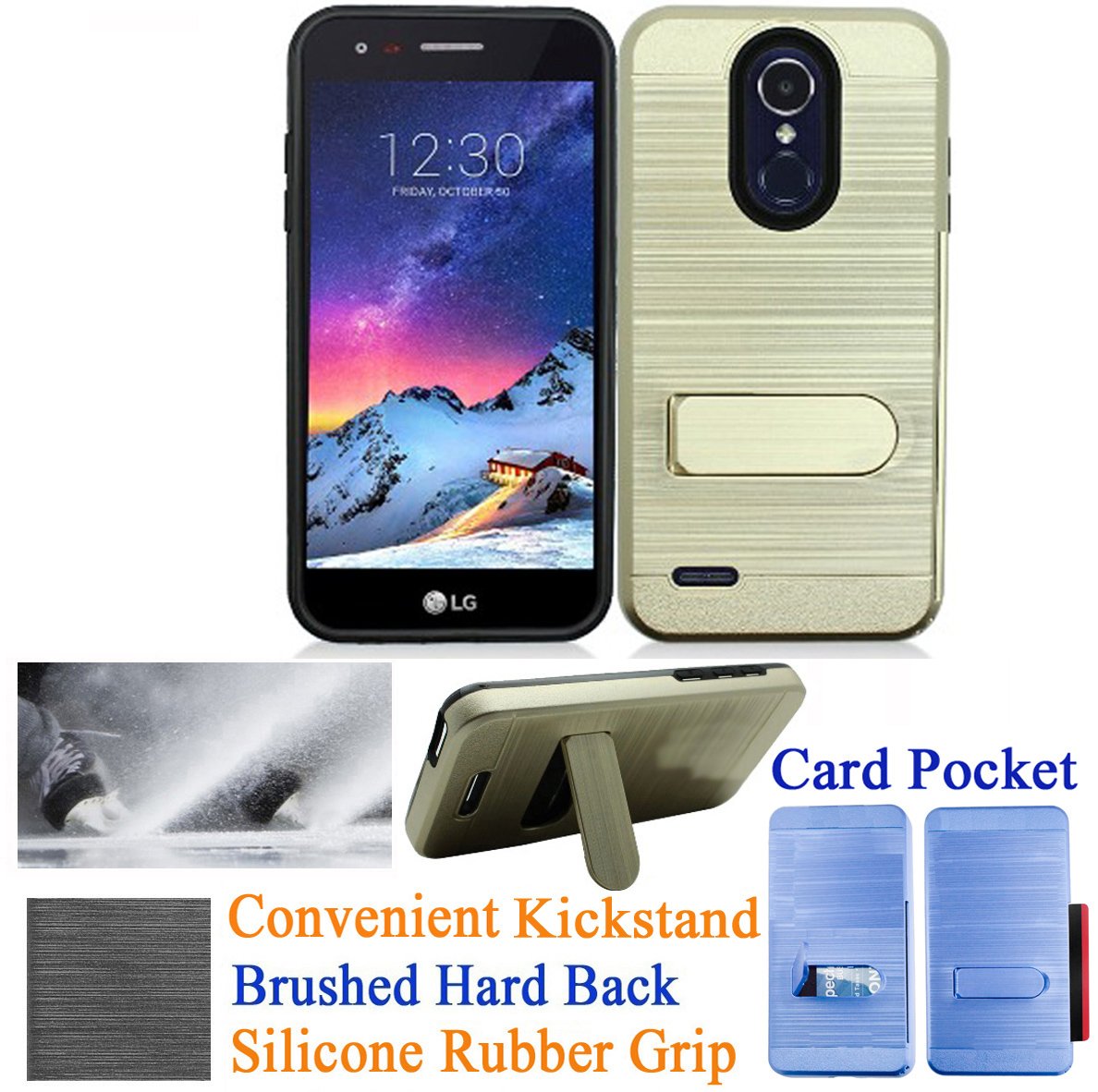 LG Phoenix 3 Case | Shockproof Hybrid Cover with Card Holder & Kickstand - Gold (for Work & Travel)