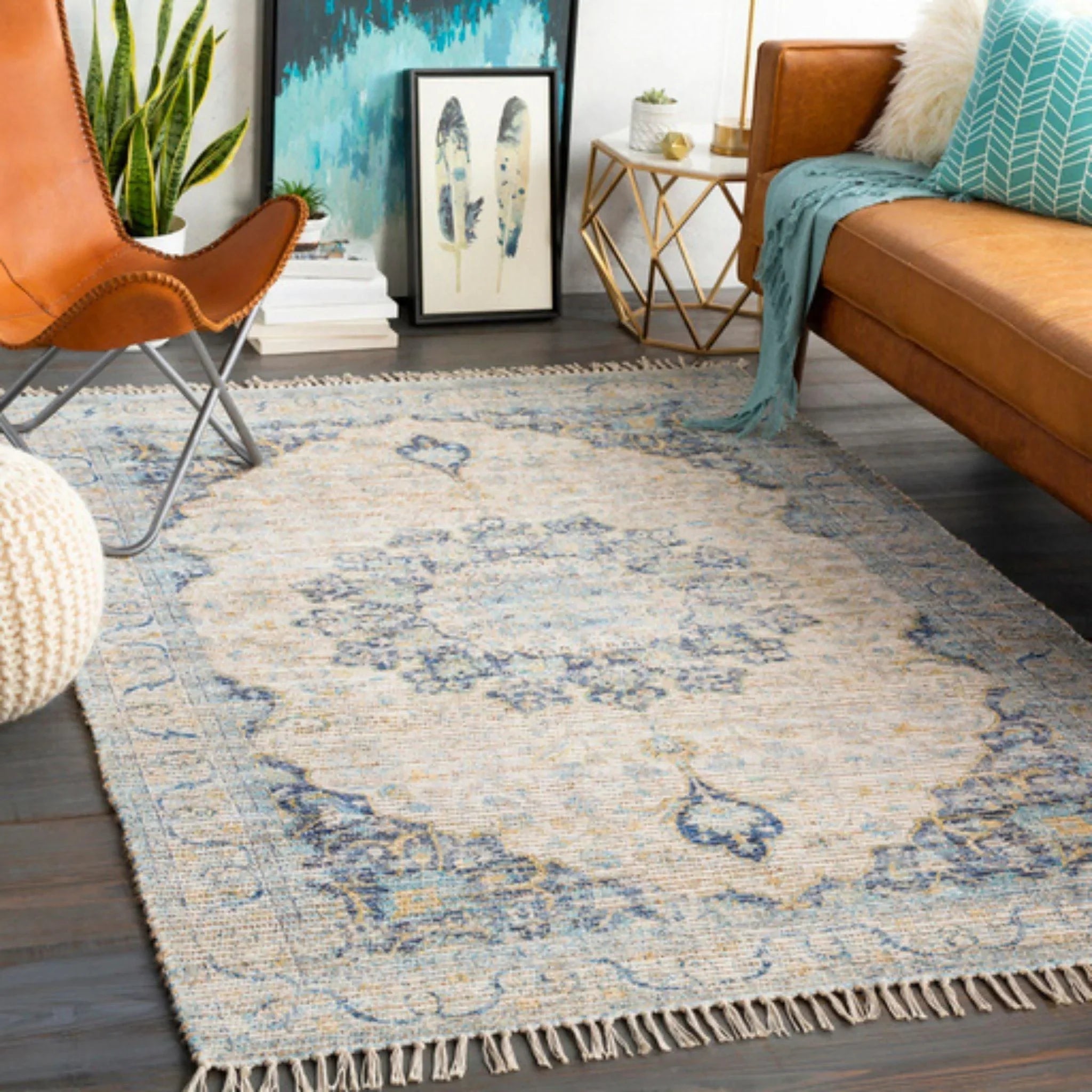 Premium Coventry Blue and Beige Area Rug with Tassel Fringe - Multiple Size Options for Living Room, Bedroom & Office Decor