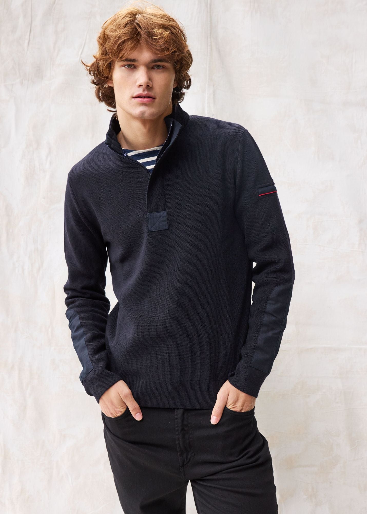 Loup de Mer II Men's Quarter Zip Wool Sweater with Forearm Canvas Trim - 100% Premium Navy Wool - Perfect for Outdoor Activities & Casual Wear