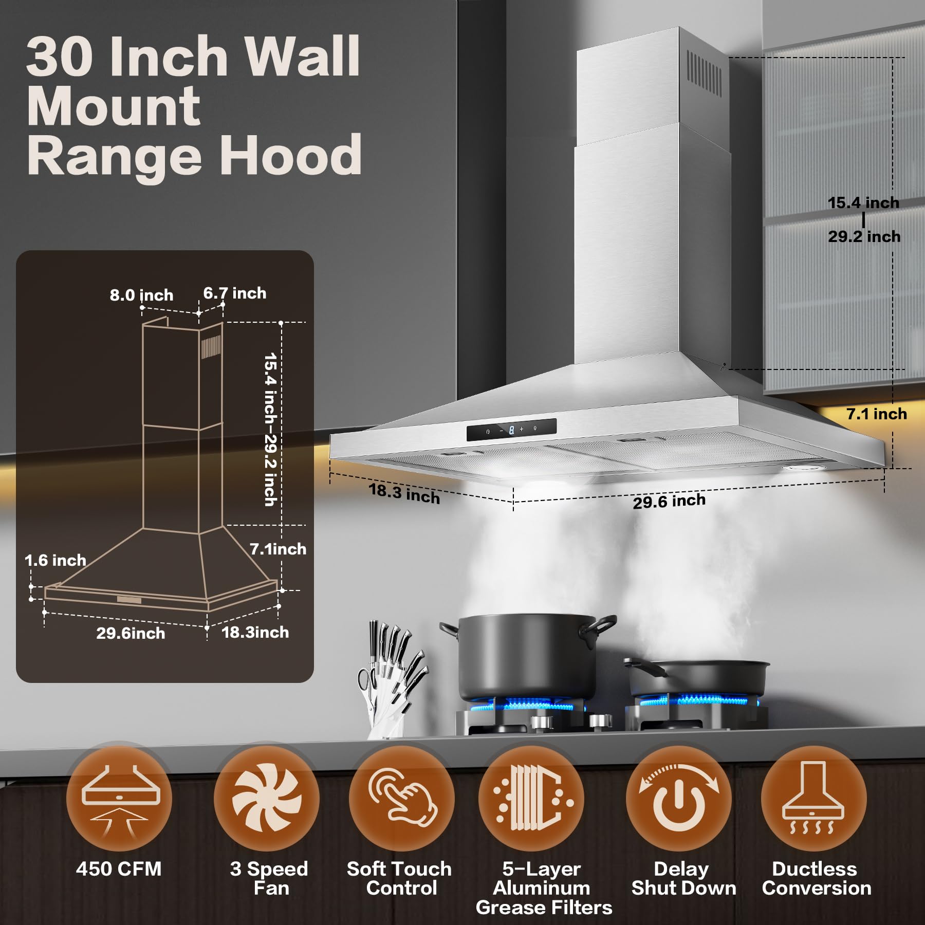 30 Inch Stainless Steel Range Hood - Wall Mount Kitchen Vent Hood with 3 Speed Settings, Touch Control, 5-Layer Mesh Filters & LED Lights | Ducted/Ductless Convertible for Home, Restaurant & Commercial Kitchen Use