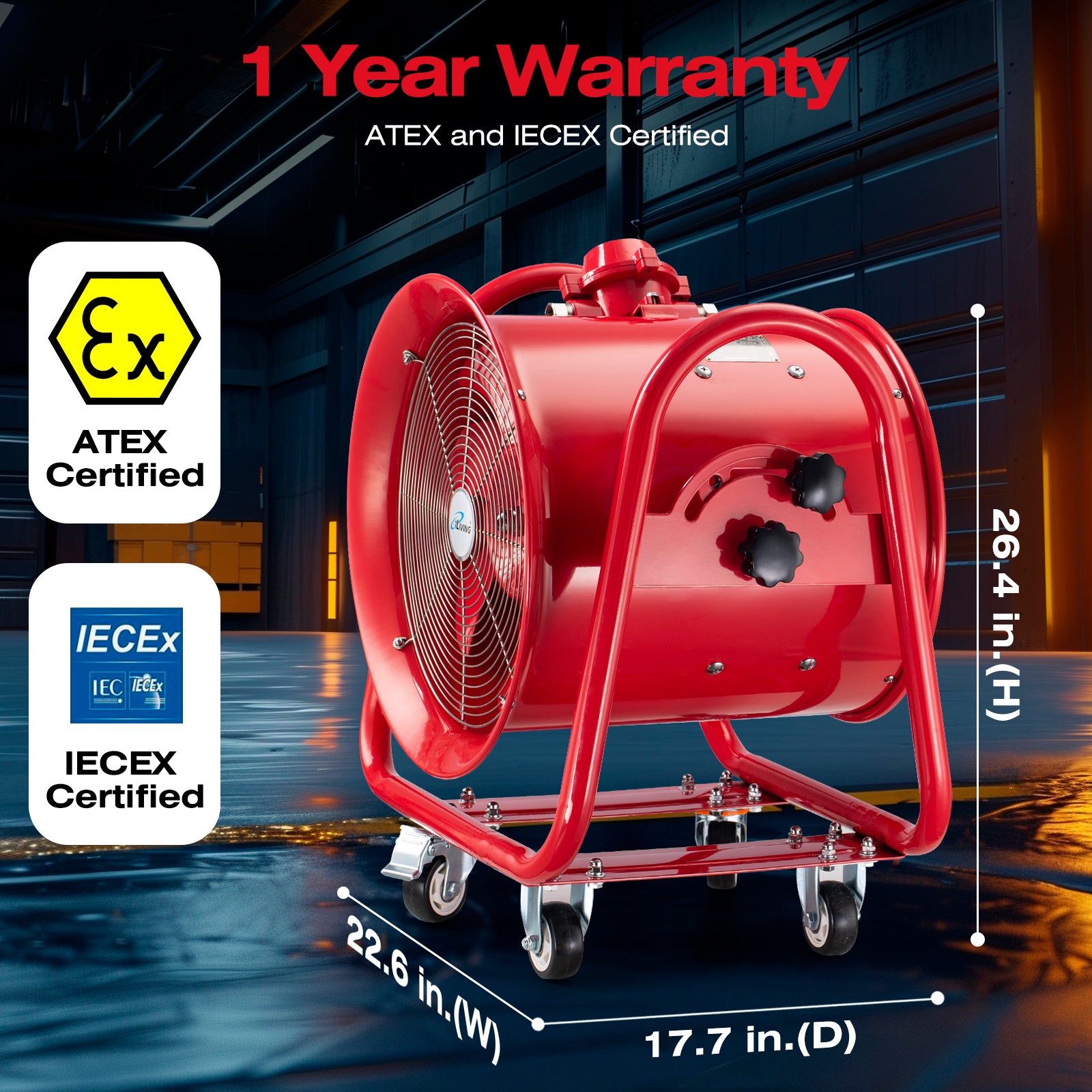 iLIVING ILG8EF16EX 16-Inch Explosion Proof High Velocity Blower Fan - 4240 CFM, 3300 RPM - Portable Industrial Ventilation for Fume Extraction, Air Circulation & Workshop Exhaust - Ideal for Garages, Factories & Hazardous Environments