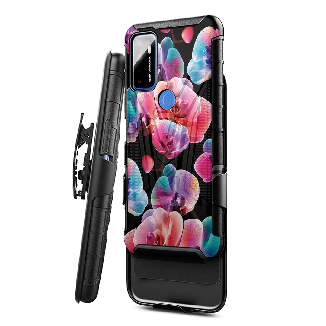 Military Shockproof Phone Case Compatible with Cricket Dream 5G & AT&T Radiant Max 5G - Heavy Duty Belt Clip Holster with Kickstand | Perfect for Outdoor Work, Construction, and Active Lifestyles (Black, Moth Orchid)