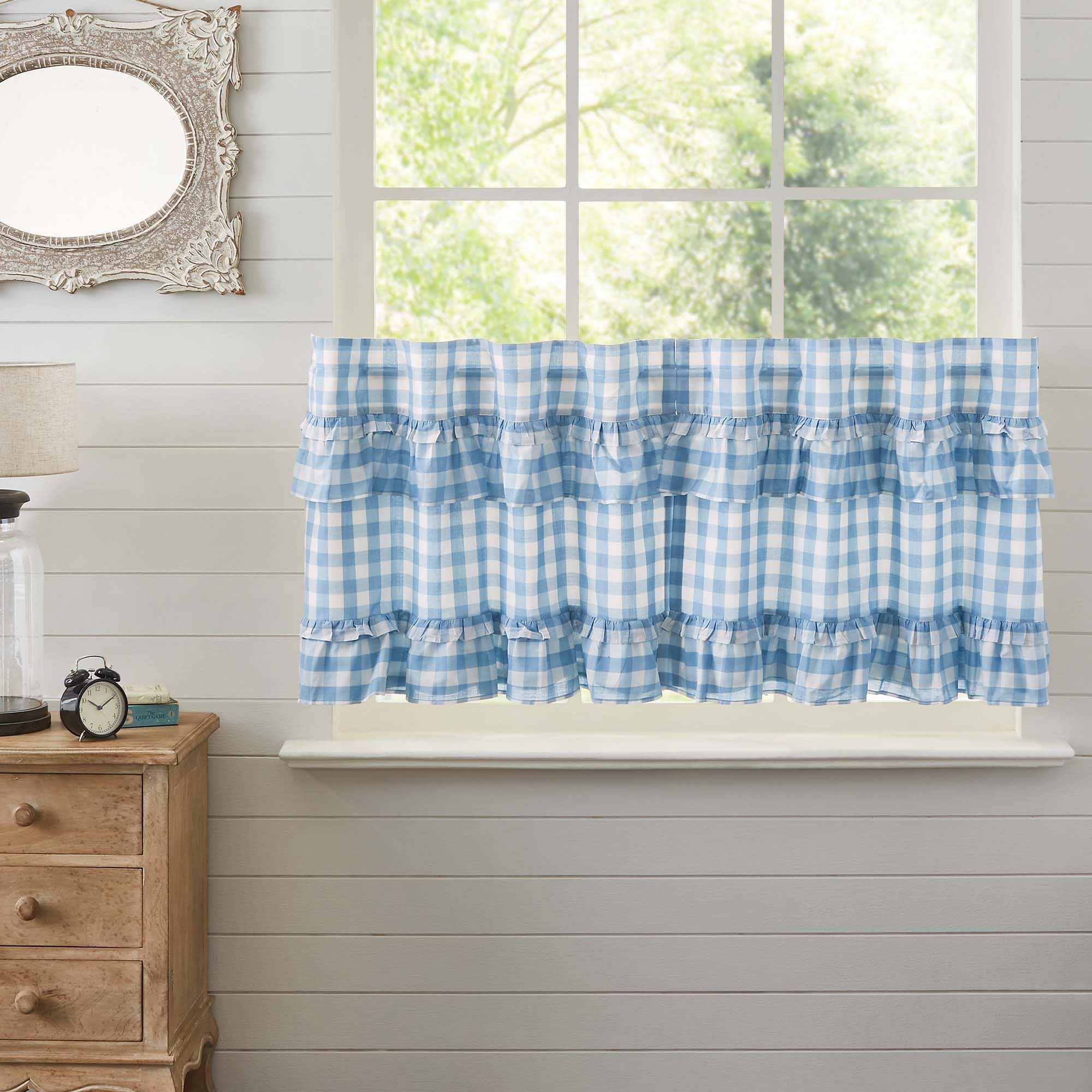Annie Blue Buffalo Check Farmhouse Ruffled Tier Kitchen Curtain Set 24x36 - Rustic Country Style Window Treatment for Kitchen, Dining Room & Cabin Decor