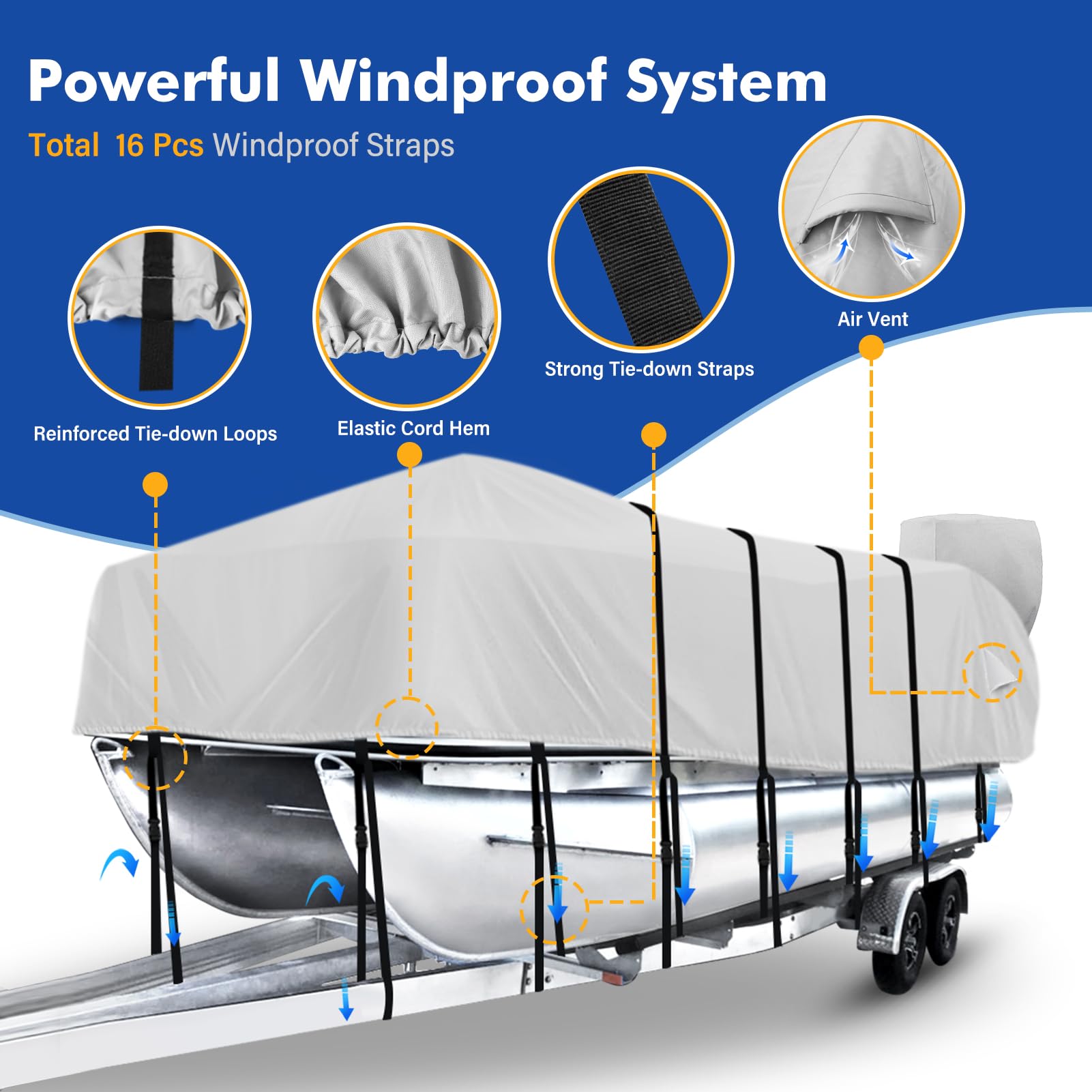 **1200D Heavy Duty Waterproof Pontoon Boat Cover with Support Pole - Fits 25-28ft Boats, Trailerable, Includes Motor Cover (Gray) - Perfect for Mooring, Storage & Outdoor Protection**