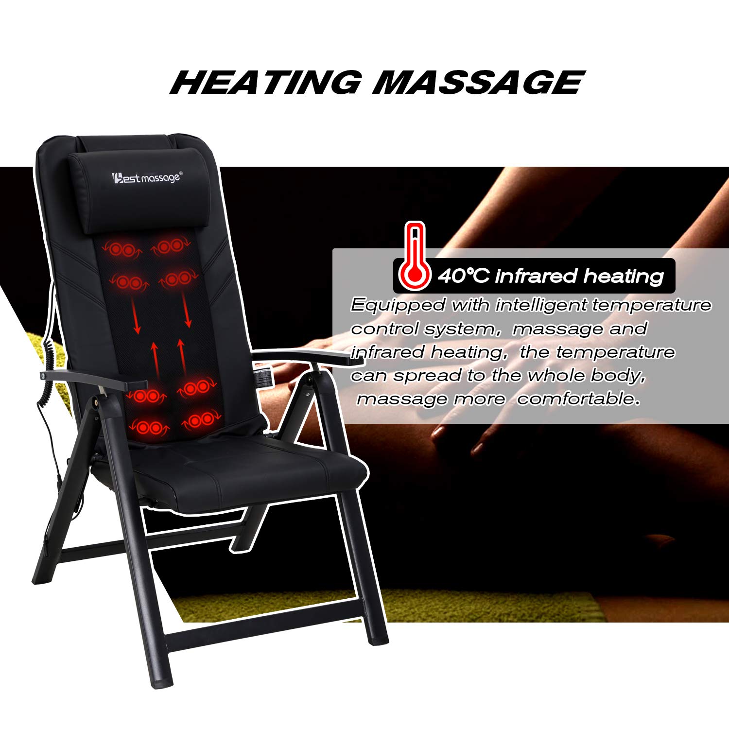 HCB Electric Massage Chair with Shiatsu & Heat Therapy - Portable Folding Recliner for Neck & Back Pain Relief - Adjustable Height Home Office Massage Chair, Black (32.5
