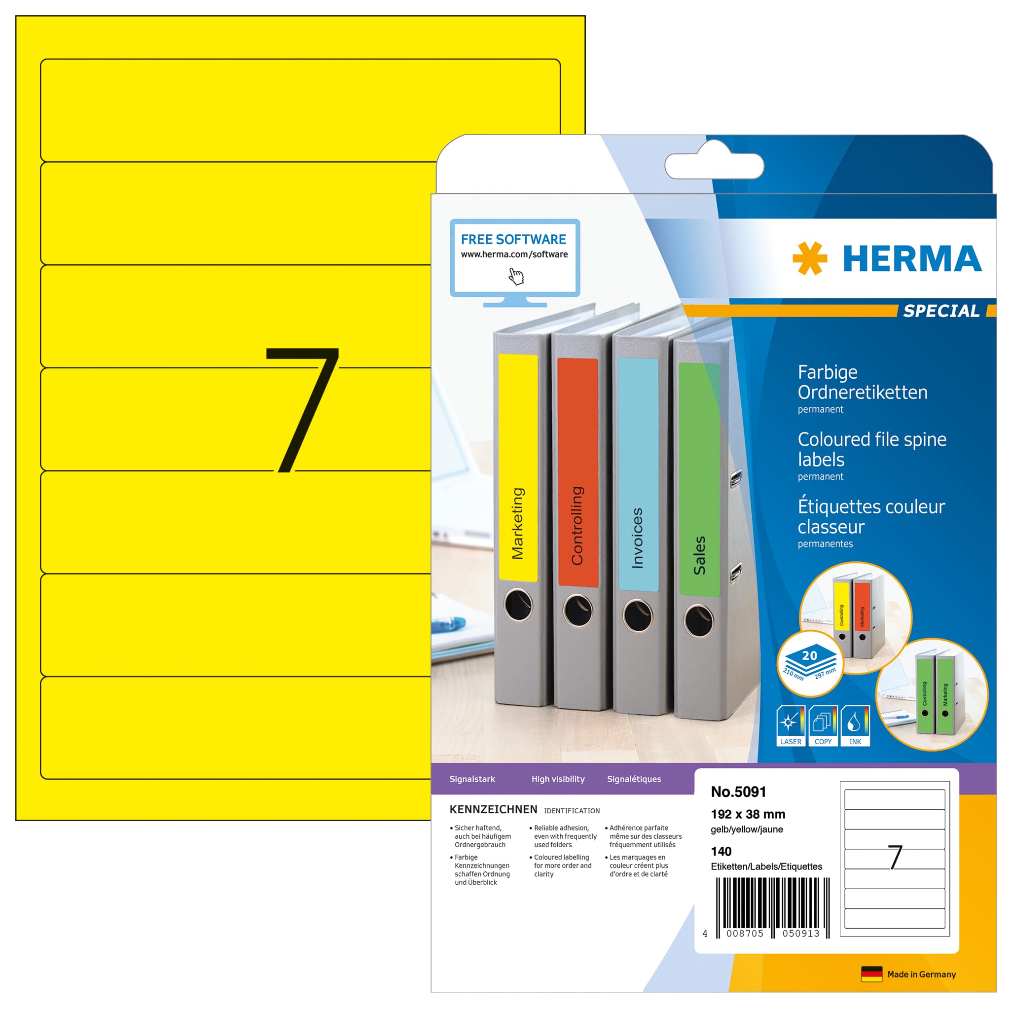 HERMA 5091 Self Adhesive Spine Labels - 140 Blank Yellow Labels (192x38mm), 7 Labels per A4 Sheet, 20 Sheets Pack - Compatible with Laser & Inkjet Printers - Perfect for File Folders, Lever Arch Files, Office Organization & Document Classification