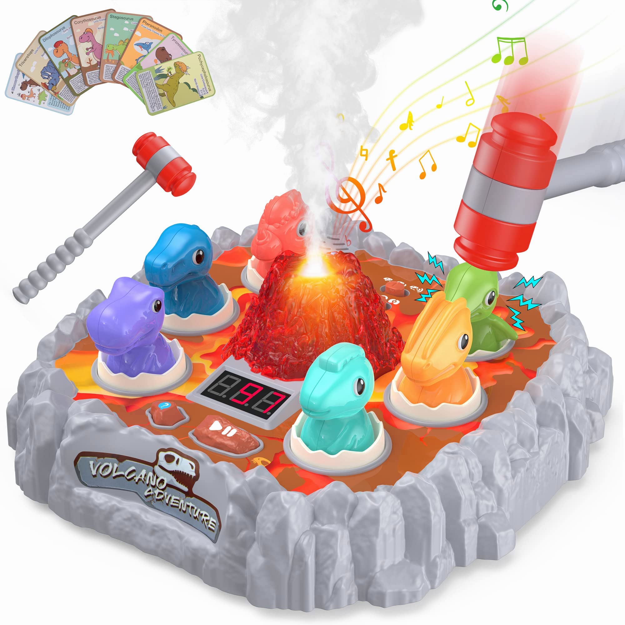 OKKIDY Whack A Mole Game for Kids Ages 3-8 - Interactive Dinosaur Toy with 2 Hammers, Sound & Light Effects, 8 Learning Cards - Educational Pounding Toy for Toddlers & Preschoolers - Perfect for Birthday Gifts, Classroom Activities & Family Game Night