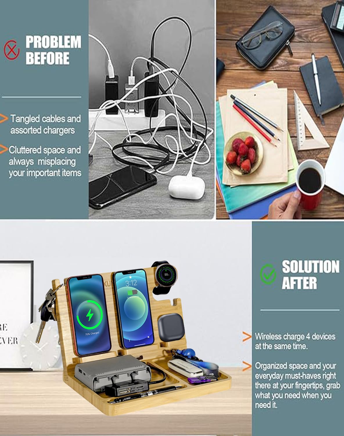 **27W Fast Wireless Charging Station for Two Phones - Wood Phone Docking Station with Samsung Galaxy Watch & Buds Charger - Nightstand Organizer for Men - Perfect Gift for Dad, Husband, or Boyfriend (Home & Office Use)**