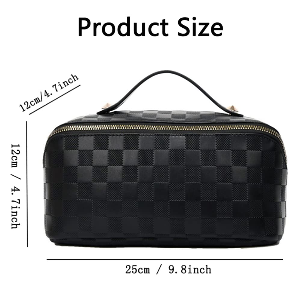 Niumike Large Capacity Waterproof Travel Cosmetic Bag for Women - PU Leather Cute Plaid Makeup Organizer Toiletry Bag (Pink) | Perfect for Airplane Carry-on, Gym Essentials & Weekend Getaways